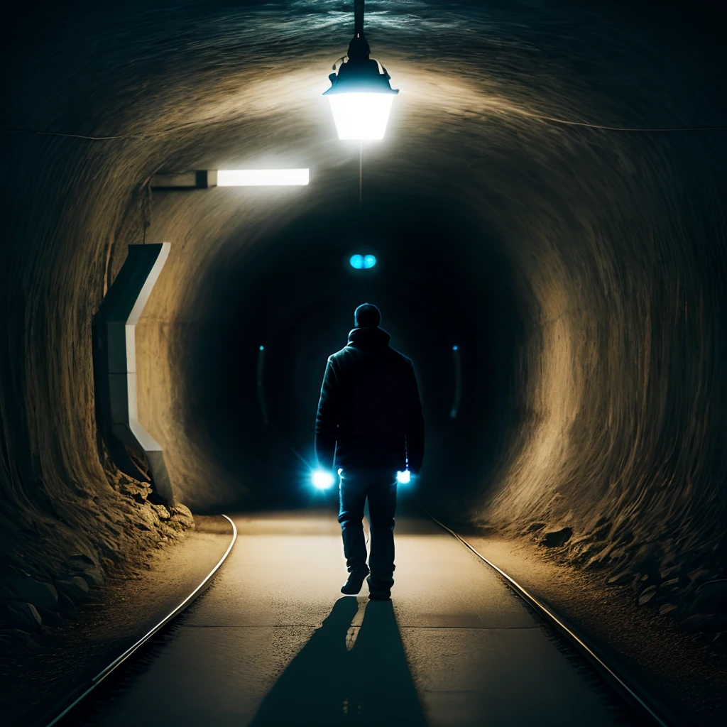 Silhouette man inside a tunnel with a light at the end of the road