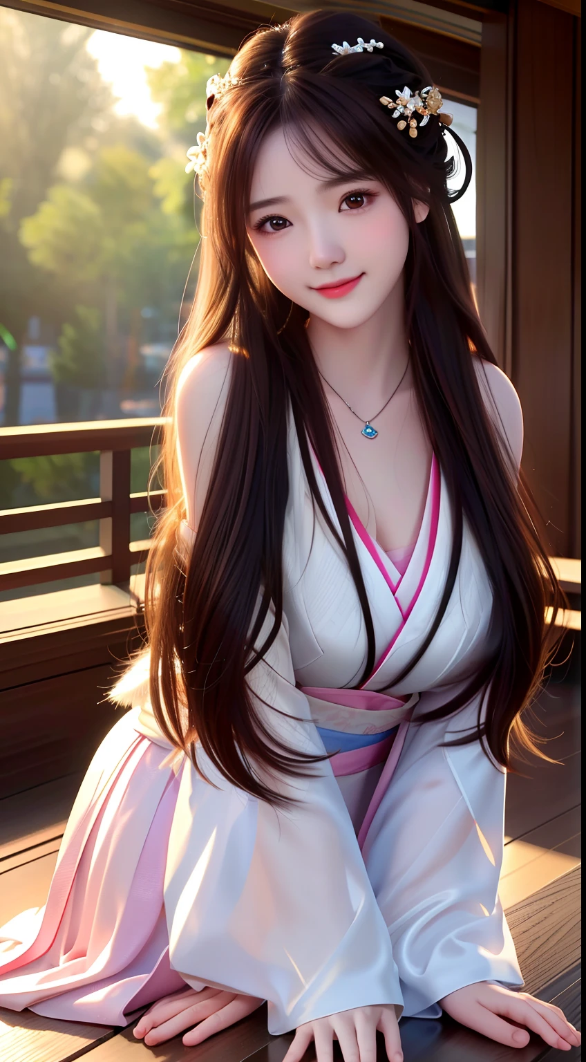 best quality, masterpiece, highres, 1girl,blush,(seductive smile:0.8),star-shaped pupils,china hanfu,hair ornament,necklace, jewelry,Beautiful face,upon_body, tyndall effect,photorealistic, dark studio, rim lighting, two tone lighting,(high detailed skin:1.2), 8k uhd, dslr, soft lighting, high quality, volumetric lighting, candid, Photograph, high resolution, 4k, 8k, Bokeh