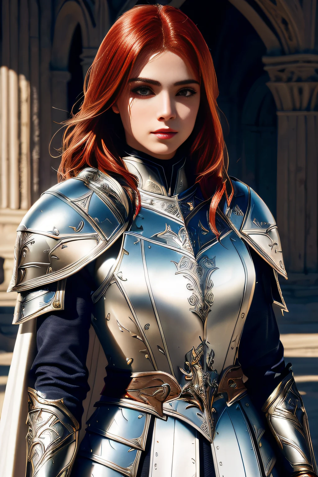 uma mulher em uma armadura branco e cabelo vermelho, female redhead templar, arte de personagem impressionante, assassina feminina, epic exquisite character art,pintura de personagem bonita, assassina feminina bonita, arte de personagens de videogame, cavaleiro feminino bonito, Retrato do Paladino Feminino, armadura medieval, estilo de jogo rpg medieval , photografia profissional,(obra prima)(Ultra realista),(Ultra Dealhado),(melhor qualidade),(mulher medieval :1.2),(Ultra Detalhado),(ambiente desfocado :1.5),(ambiente profundo)