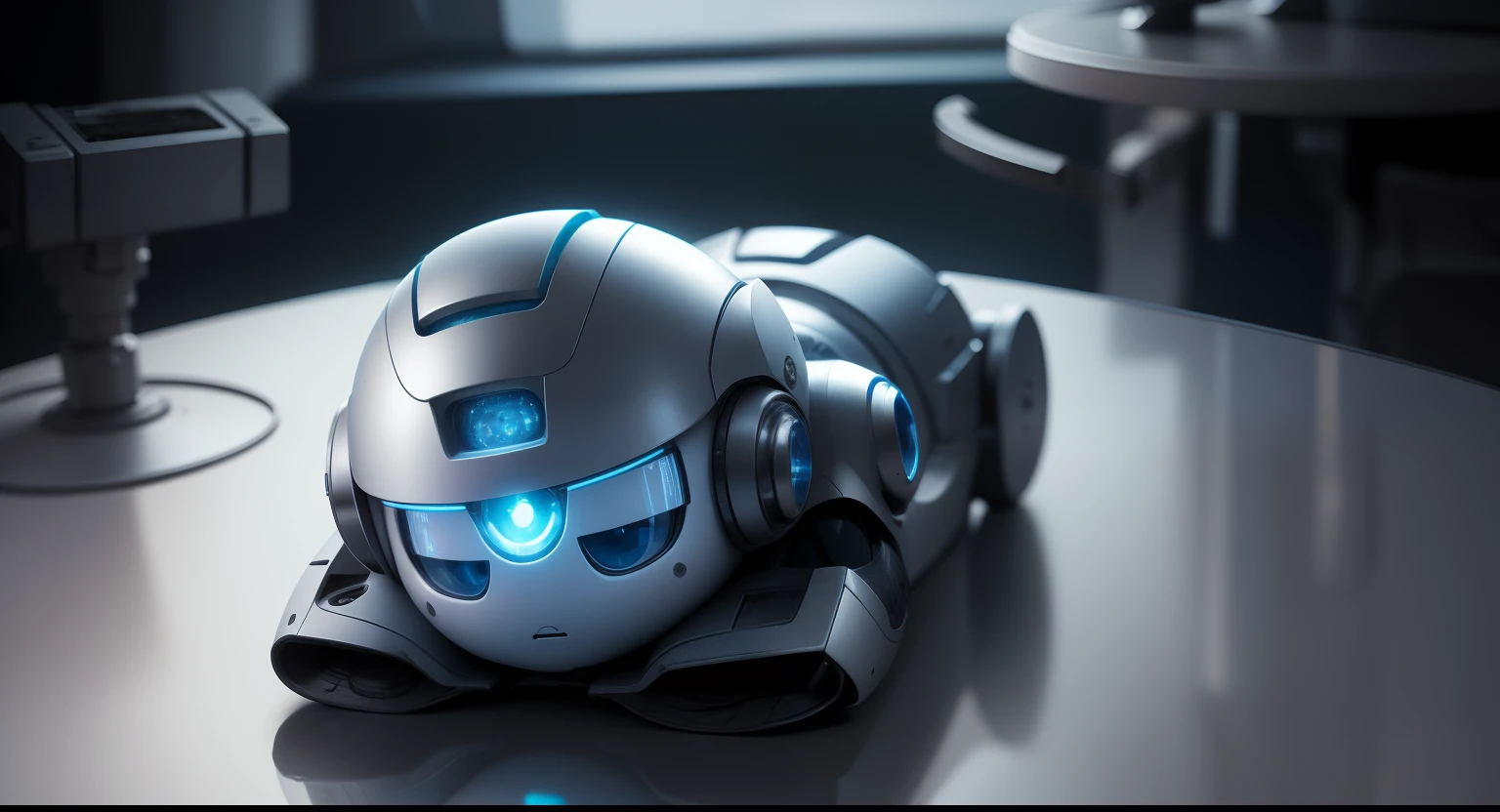 The cute little robot was activated and opened it's bright blue eyes widely