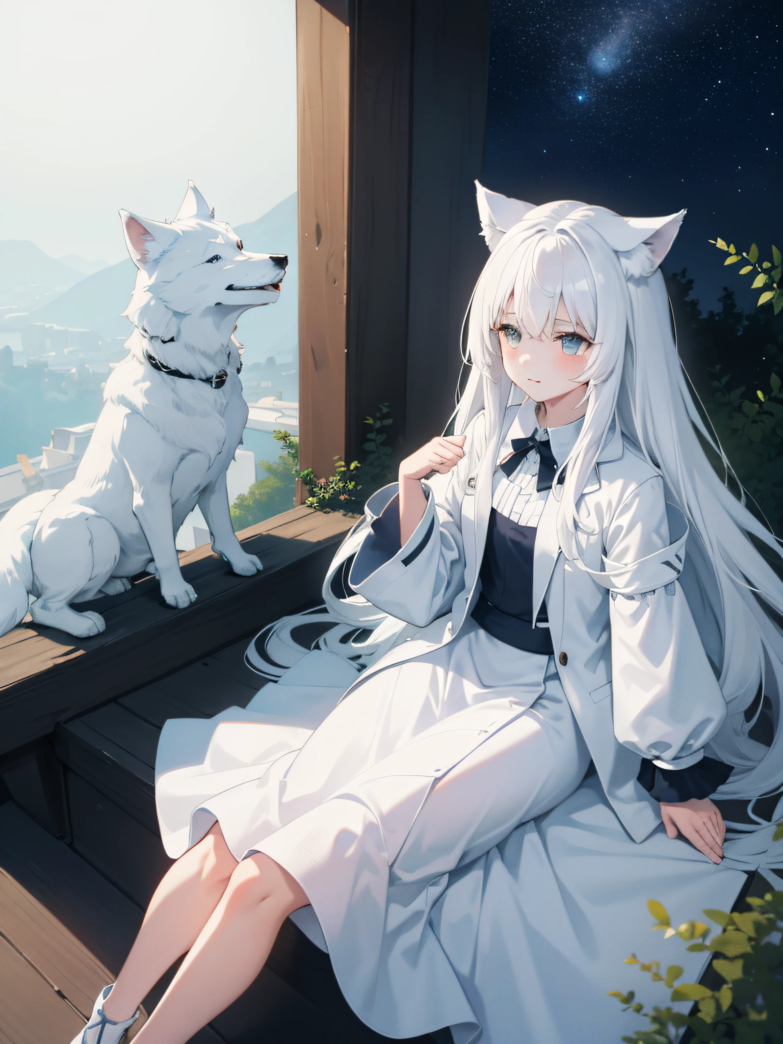 On the roof the white-haired girl sitting+White wolf ears+Little white wolf around,Look up at the stars