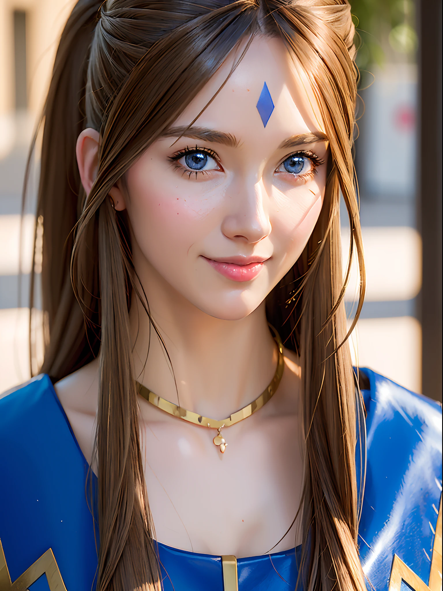 (masterpiece, best quality:1.4), (standing:1.2), (upper body:1.2), large breast, breast focus, 1girl, solo, (european youth:1), Belldandy, Belldandy_Blue_Dress, necklace, (goddess face symbols:0.5), looking at viewer, beautifull smile, beautiful face, highly detailed face, highly detailed eyes, highly detailed skin, skin pores, subsurface scattering, realistic pupils, full face blush, full lips, detailed background, depth of field, volumetric lighting, sharp focus, absurdres, realistic proportions, good anatomy, (realistic, hyperrealistic:1.4), 16k hdr,