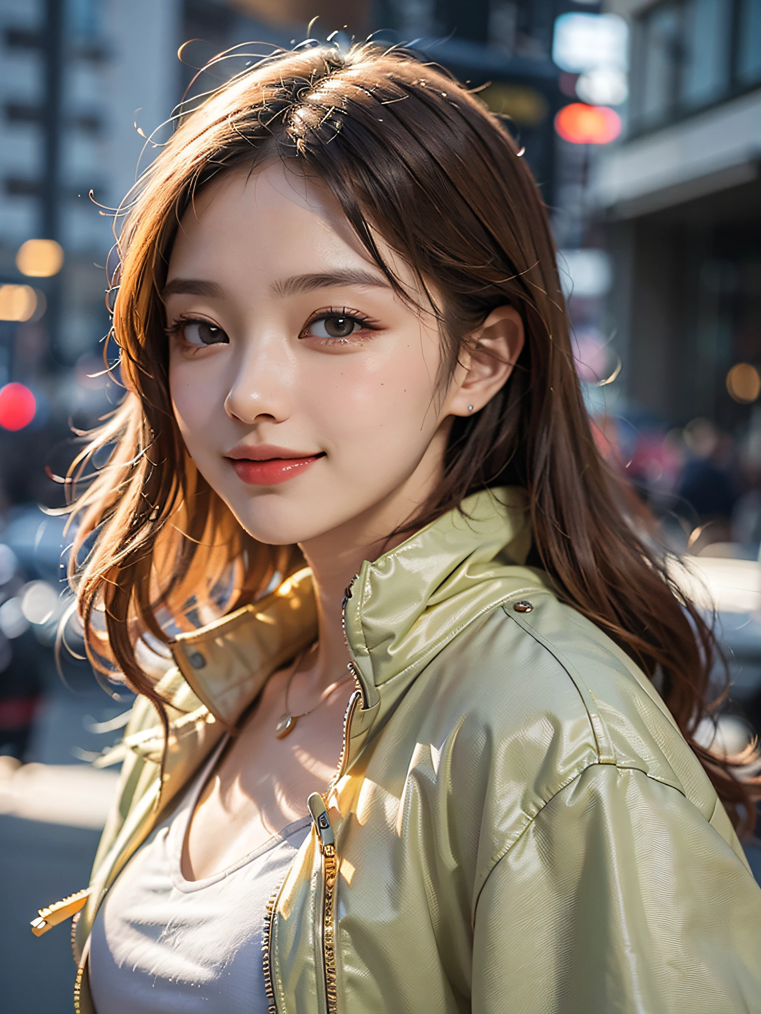top-quality、超A high resolution、(8k、RAW Photography、Photorealsitic:1.4)、de pele branca、Real human skin、(Detailed eyes)、oval-face、女の子1人、Slimed、(Gentle, goddess-like smile:1.3)、(Happiness:1.2)、(lipgloss、Eye lashes、Gloss Face)、Beautiful blonde、oversize jacket、Fashion Shirts、Cityscape、Wide range of lighting、Natural Shading
