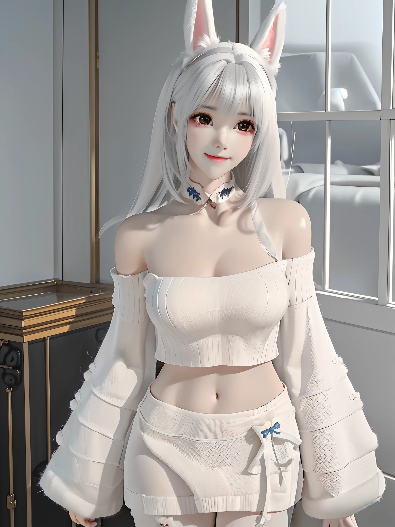 A girl in a white sweater，cropped shoulders，No cuffs，Fluffy，(Rabbit ears 0.6） , Light milky skin, Perfect white haired girl,, Realistic anime 3 D style, Smooth white tights and sweater skirt, long  white hair, seductive anime girls