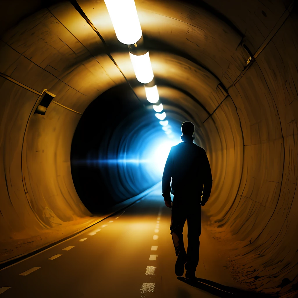 Silhouette man inside a tunnel with a light at the end of the road