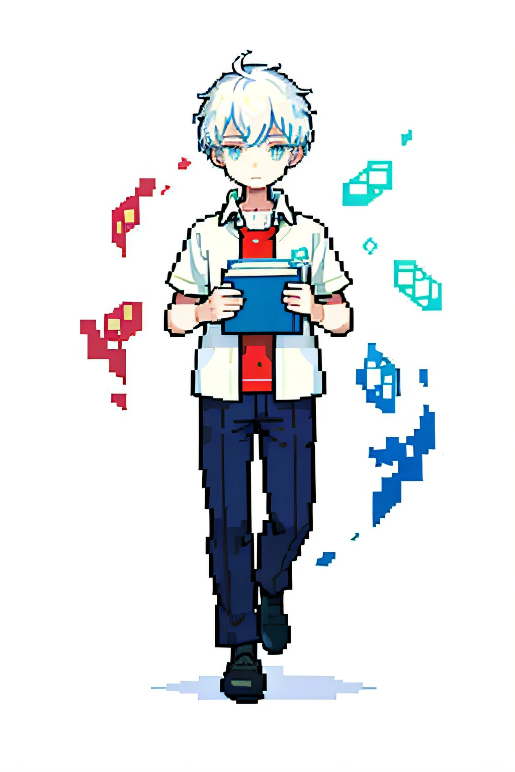 pix, Libido boy,white color hair,lendo livros,levitating,Pale color background