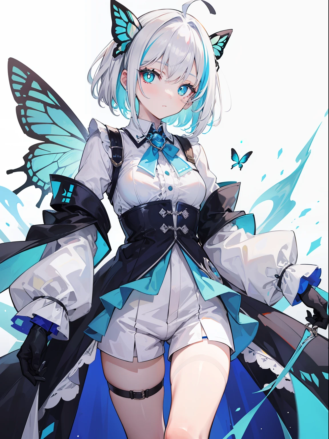 masterpiece, Top quality, Ultra high definition, Maximum resolution, Very detailed, Very detailed eyes, girl, White hair, blue highlights, cyan left eyes, blue right eyes, ager, (lady nobility cloth), neat outfits, costume with blue accents, inner shirt(white), shirt collar, jacket(blue), short white pant, medium short hair, solo, heterochromia, wearing gloves, left white gloves, black right gloves, ahoge, long sleeves shirt, butterfly, frilled sleeves jacket, mismatched gloves, thigh straps, small breasts, full portrait of elementalist, mismatched pupils, multicolored eyes, high quality, best quality,