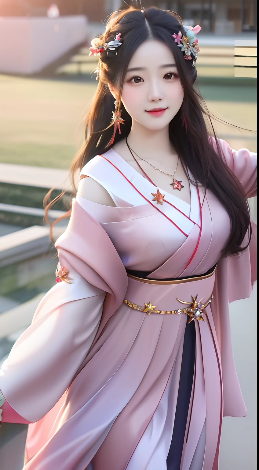 best quality, masterpiece, highres, 1girl,blush,(seductive smile:0.8),star-shaped pupils,china hanfu,hair ornament,necklace, jewelry,Beautiful face,upon_body, tyndall effect,photorealistic, dark studio, rim lighting, two tone lighting,(high detailed skin:1.2), 8k uhd, dslr, soft lighting, high quality, volumetric lighting, candid, Photograph, high resolution, 4k, 8k, Bokeh