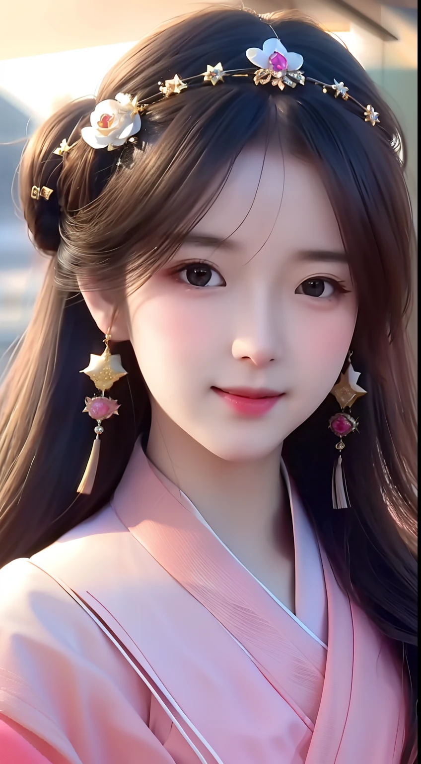 best quality, masterpiece, highres, 1girl,blush,(seductive smile:0.8),star-shaped pupils,china hanfu,hair ornament,necklace, jewelry,Beautiful face,upon_body, tyndall effect,photorealistic, dark studio, rim lighting, two tone lighting,(high detailed skin:1.2), 8k uhd, dslr, soft lighting, high quality, volumetric lighting, candid, Photograph, high resolution, 4k, 8k, Bokeh