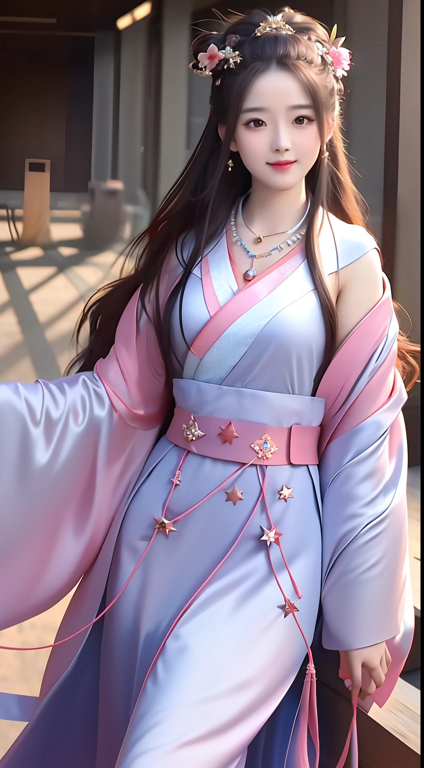 best quality, masterpiece, highres, 1girl,blush,(seductive smile:0.8),star-shaped pupils,china hanfu,hair ornament,necklace, jewelry,Beautiful face,upon_body, tyndall effect,photorealistic, dark studio, rim lighting, two tone lighting,(high detailed skin:1.2), 8k uhd, dslr, soft lighting, high quality, volumetric lighting, candid, Photograph, high resolution, 4k, 8k, Bokeh