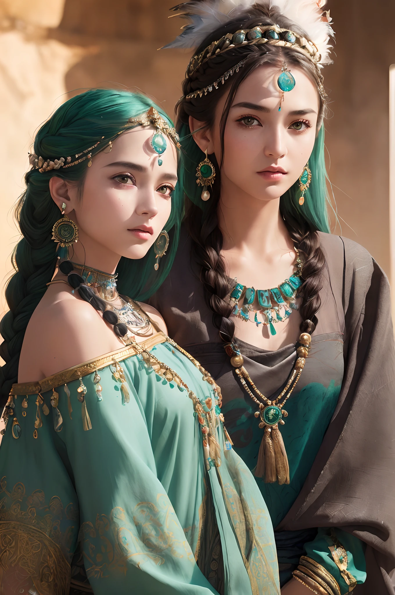 couple (((Female)), fashion shot, (Full portrait), (Half), Solo, Detailed background, Detailed face, (stonepunk, Stone theme:1.1), Wise, (Beautiful hair, Braid: 0.2), shaman, The nasal septum is rough, mysterious, (Gorgeous face), Stunning, head tilted up, (Calm expression), calm, Intimate interaction, Sea bubble green worn clothes, rosary, Tribal ornaments, feathers in hair, headdress: 0.33, Emerald, obsidian, Detailed clothes, Realistic skin texture, (Floating particles, Water Swirls, embers, rituals, whirly, Wind: 1.2), Clear focus, voluminetric lighting, Good highlights, Good shadows, Subsurface scattering, complex, Highly detailed, ((film)), Dramatic, (Highest quality, Award-winning, Masterpiece: 1.5), (Realism: 1.5),