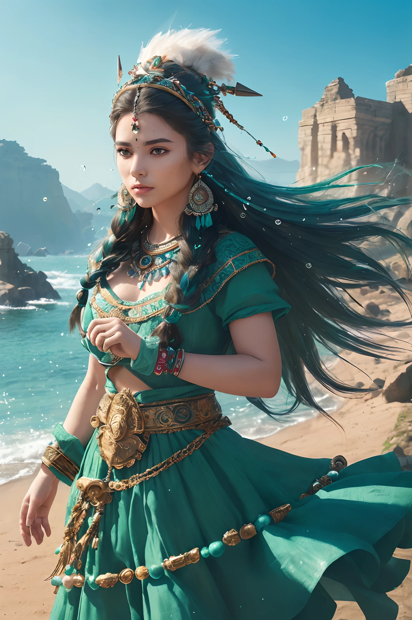 couple (((Female)), fashion shot, (Full portrait), (Half), Solo, Detailed background, Detailed face, (stonepunk, Stone theme:1.1), Wise, (Beautiful hair, Braid: 0.2), shaman, The nasal septum is rough, mysterious, (Gorgeous face), Stunning, head tilted up, (Calm expression), calm, Intimate interaction, Sea bubble green worn clothes, rosary, Tribal ornaments, feathers in hair, headdress: 0.33, Emerald, obsidian, Detailed clothes, Realistic skin texture, (Floating particles, Water Swirls, embers, rituals, whirly, Wind: 1.2), Clear focus, voluminetric lighting, Good highlights, Good shadows, Subsurface scattering, complex, Highly detailed, ((film)), Dramatic, (Highest quality, Award-winning, Masterpiece: 1.5), (Realism: 1.5),