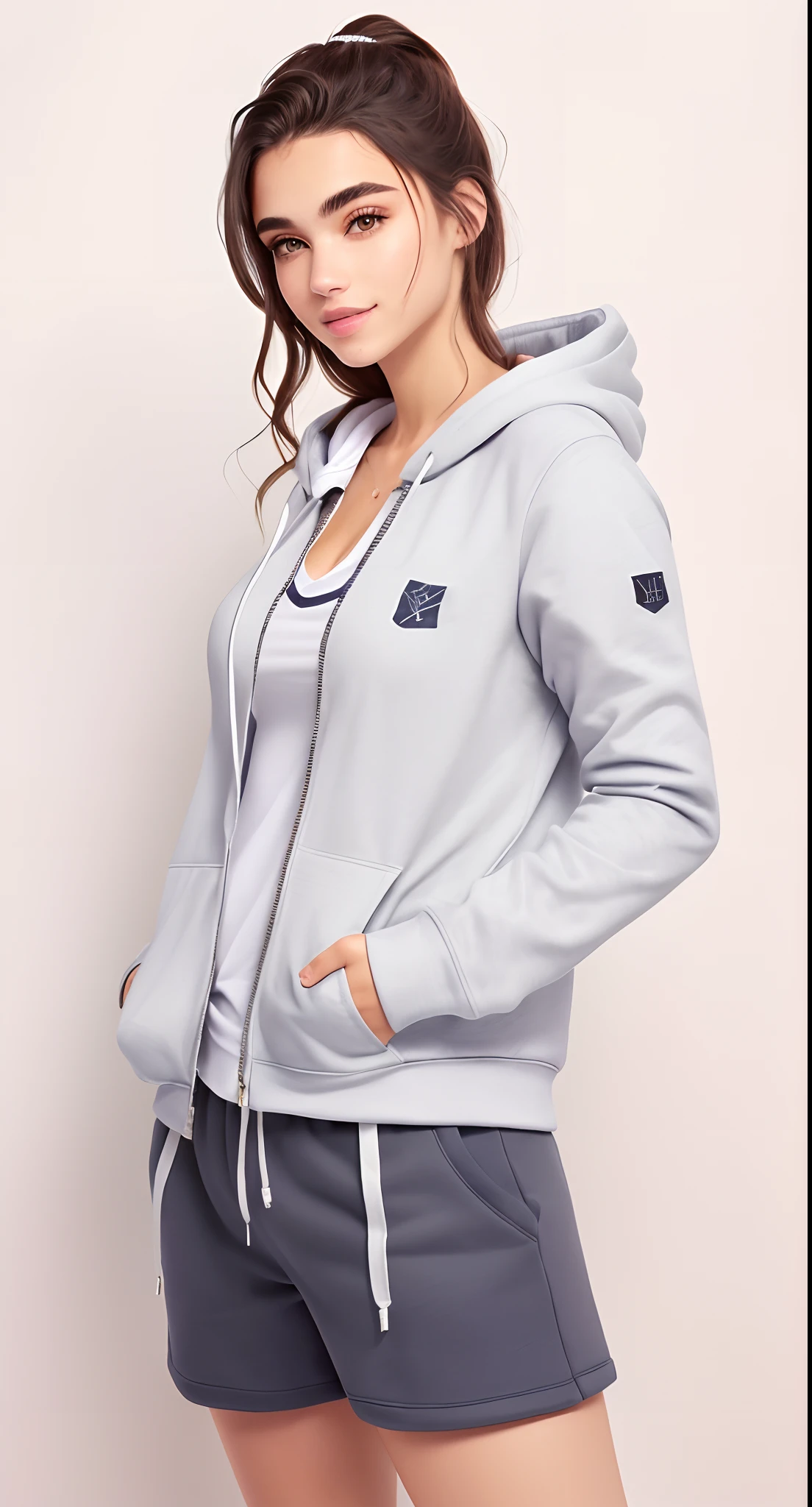 uma mulher linda com capuz cinza e shorts curto e folgado posando para uma foto, capuz cinza, capuz cinza,  vestindo capuz, capuz cinza claro aberto, grey jacket, Hodie Mihi Cras Tibi, Capuz cinza aberto, usando capuz, vestindo um moletom cinza com capuz, Foto de perfil, camisola cinzenta, Capuz, roupas esportivas fofas, cinza claro, wearing a hoodie and sweatpants