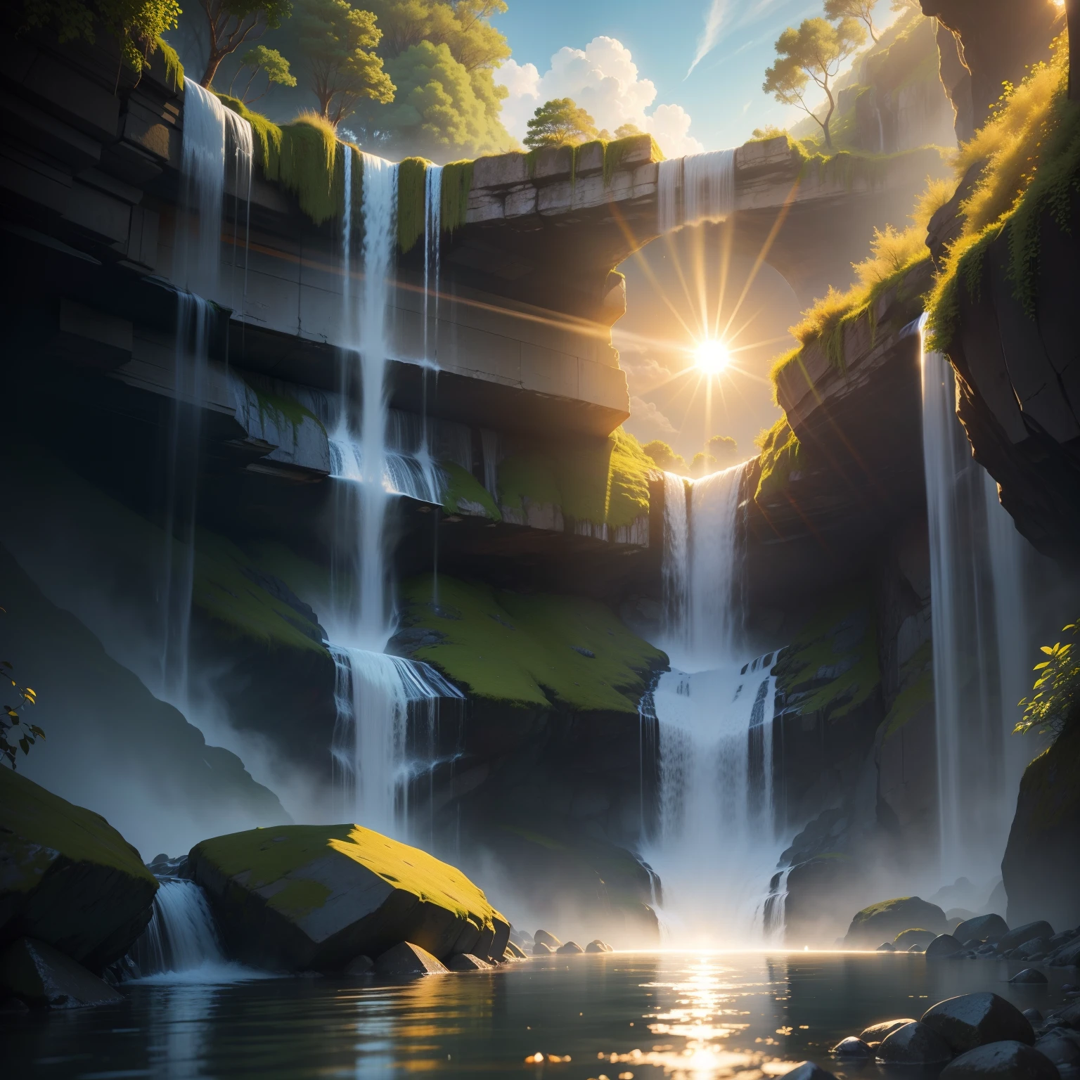 Sun small and waterfall in maintain