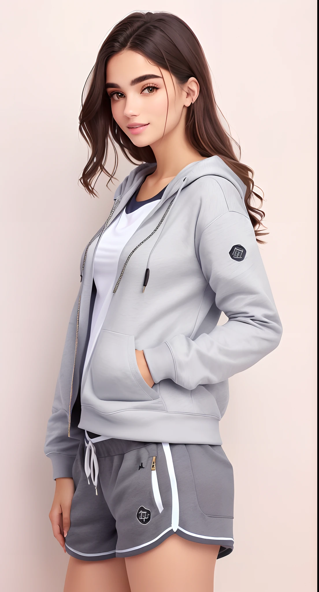 uma mulher linda com capuz cinza e shorts curto e folgado posando para uma foto, capuz cinza, capuz cinza, menina vestindo capuz, capuz cinza claro aberto, grey jacket, Hodie Mihi Cras Tibi, Capuz cinza aberto, usando capuz, vestindo um moletom cinza com capuz, Foto de perfil, camisola cinzenta, Capuz, roupas esportivas fofas, cinza claro, wearing a hoodie and sweatpants