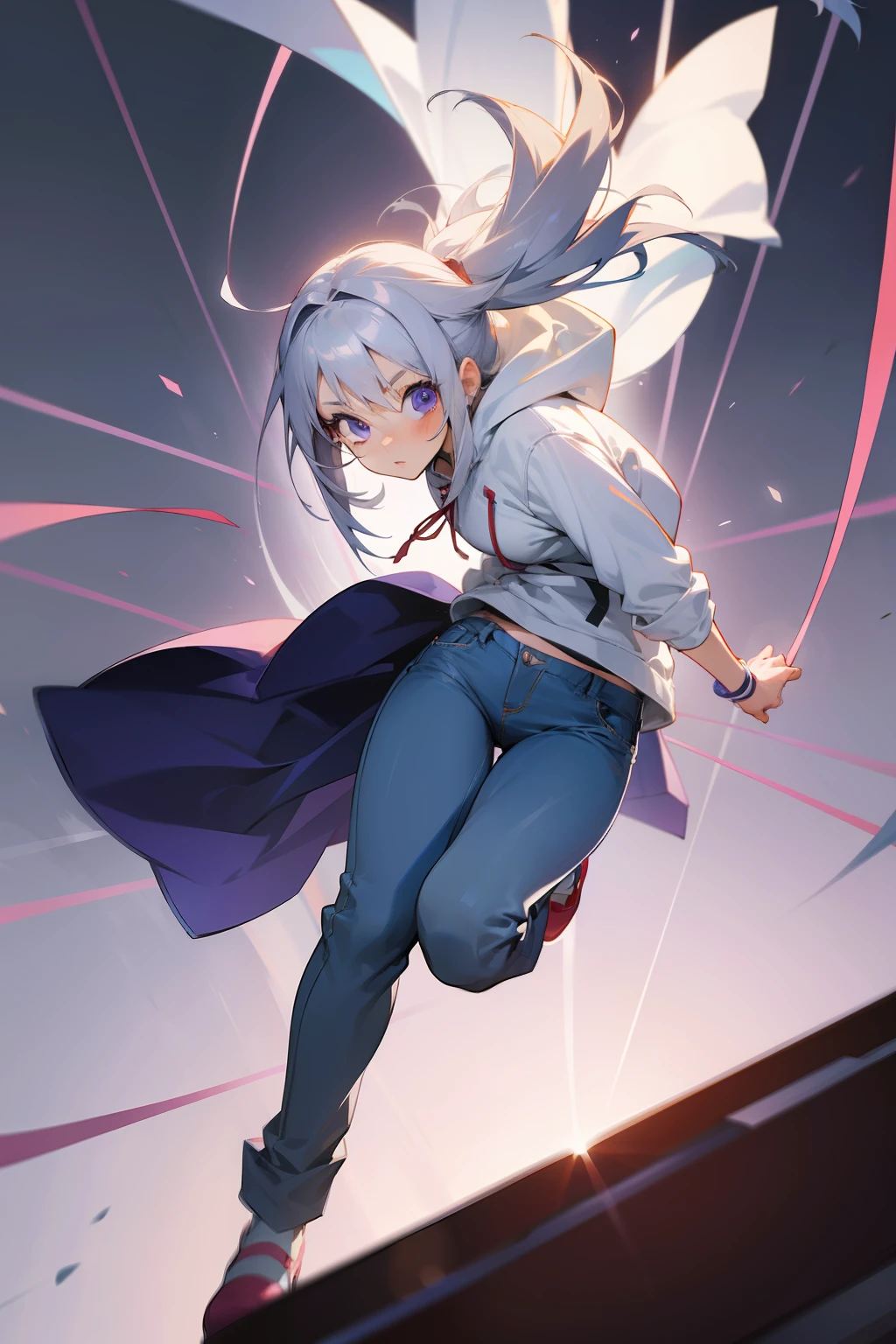 Anime girl in jeans and white hoodie kicks skateboard, anime pose, female action anime girl, anime styled８K, perfect dynamic pose, Silver hair floating in the air, jumping pose, Style Anime, the anime girl is running, Anime Character, 3d anime girl, anime character art, silver hair girl, fullllbody!! Dynamic Action Pose, Anime Girl、1girl in, （Eyes are purple）、radiant eyes、 (Large ribbon)、Red Pumps、