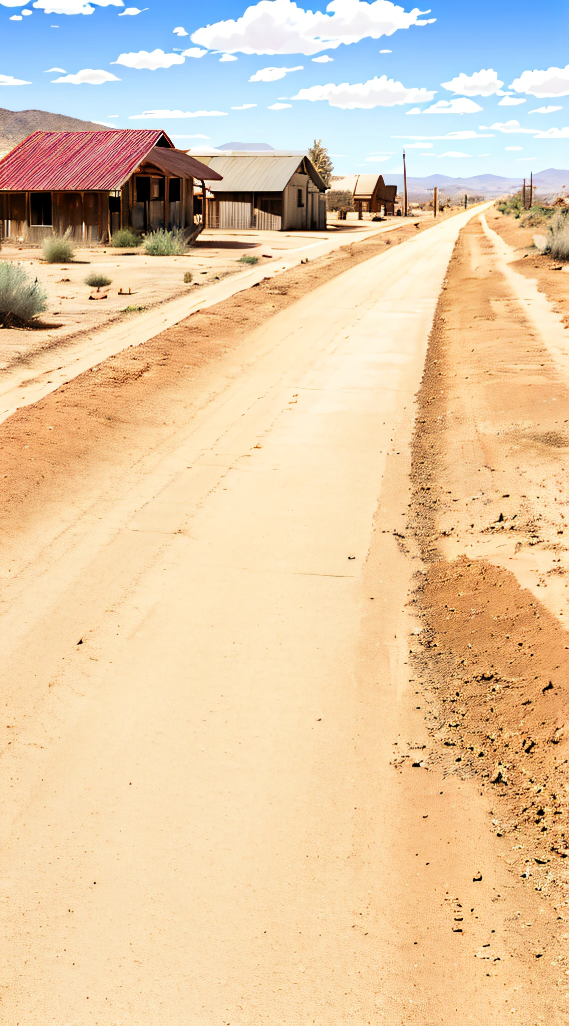 vn_bg, no humans, A lonely, old western town with a single dirt road, tumbleweeds blowing across the path, and weathered wooden buildings.