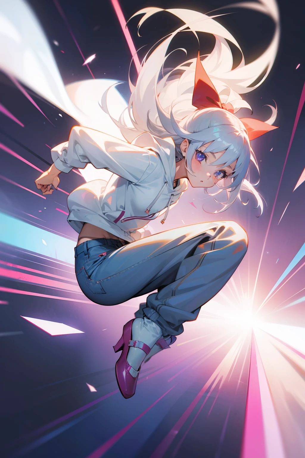 Anime girl in jeans and white hoodie kicks skateboard, anime pose, female action anime girl, anime styled８K, perfect dynamic pose, Silver hair floating in the air, jumping pose, Style Anime, the anime girl is running, Anime Character, 3d anime girl, anime character art, silver hair girl, fullllbody!! Dynamic Action Pose, Anime Girl、1girl in, （Eyes are purple）、radiant eyes、 (Large ribbon)、Red Pumps、