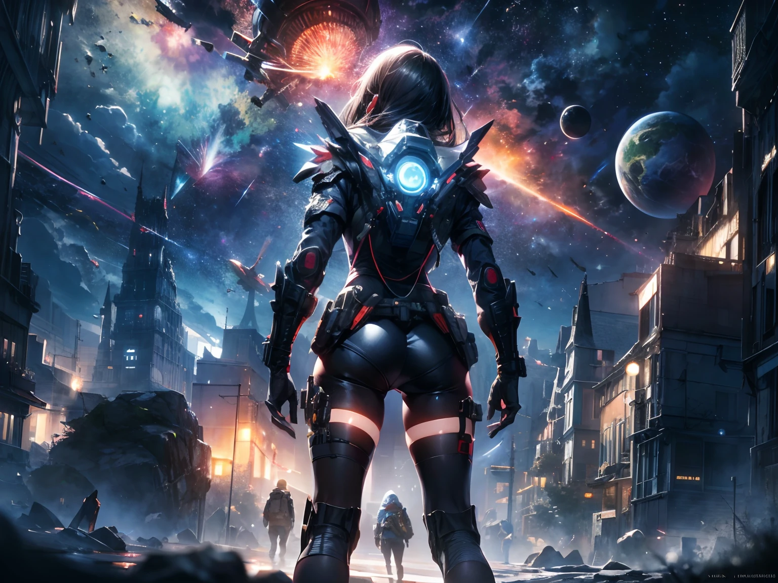 Draw a young female programmer, standing on a research platform floating in the middle of an asteroid belt, turn her back on viewers , from behind,surrounded by several spaceships glowing with fiery auras BREAK Dramatic lighting from distant stars and planets illuminates the scene, casting deep shadows on the suit, looking at the vast and mysterious universe with wonder and respect,BREAK,Detailed,Realistic,4k highly detailed digital art,octane render, bioluminescent, BREAK 8K resolution concept art, realism,by Mappa studios,masterpiece,best quality,official art,illustration,ligne claire,(cool_color),perfect composition,absurdres, fantasy,focused,rule of thirds