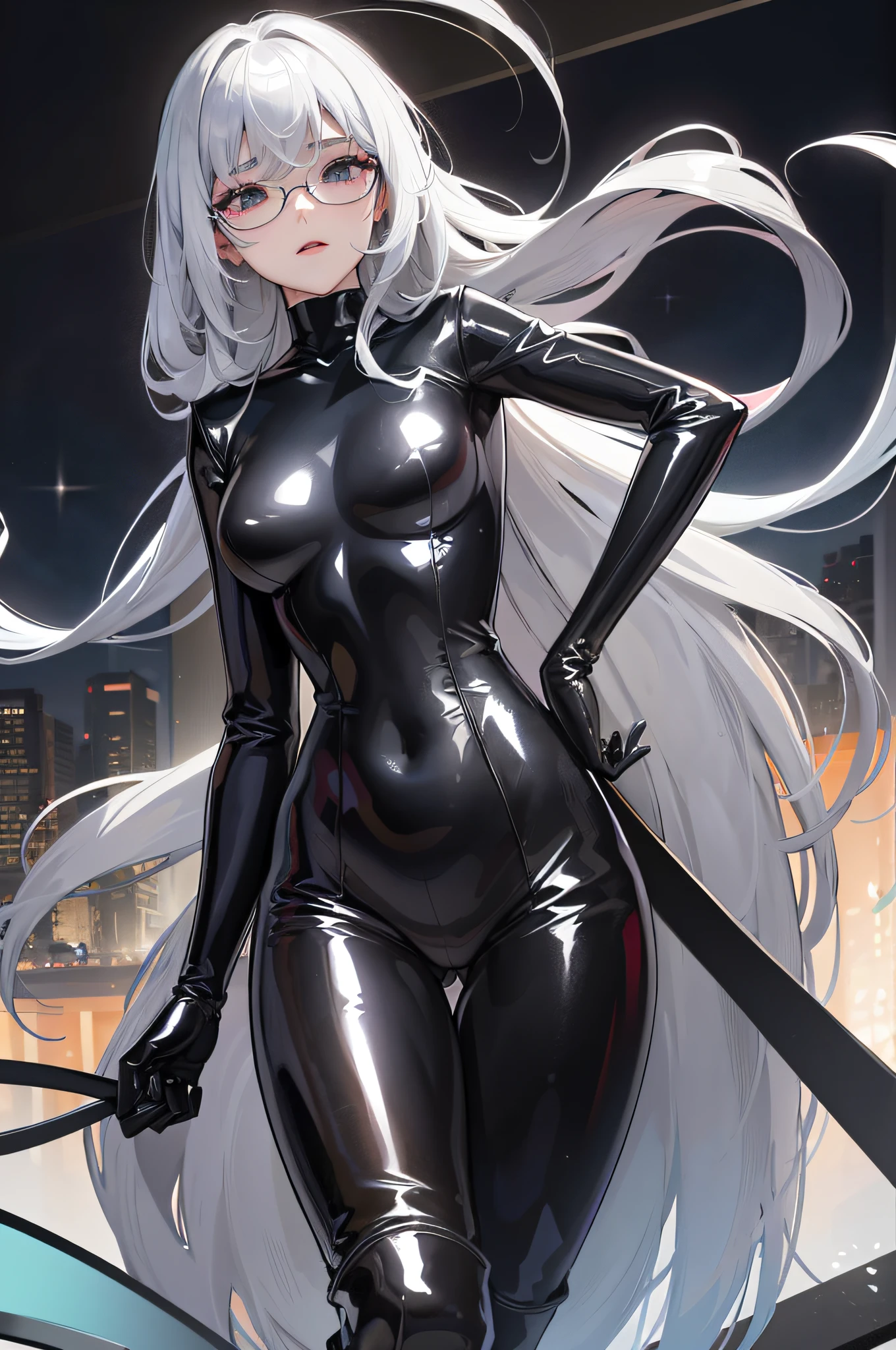 5 8K UHD、A beautiful woman with shiny black rider suit silver hair and a small nose with shiny black rider suit hidden by the tips of black shiny fingers wearing glasses is looking down while opening her crotch wide and thrusting her hips forward.、Late night city、Shiny black latex slider suit with hidden skin、Shiny black latex slider suit、A beautiful woman with a small nose is peeking out、Beautiful-nosed woman with open legs with no expression and upward eyes、Beauty with a small nose standing with her crotch open、NSFW