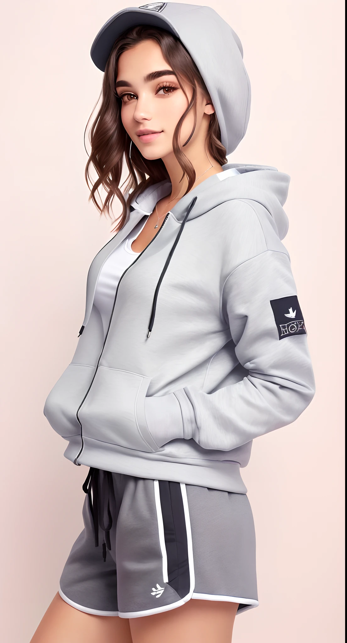 uma mulher linda com capuz cinza e shorts curto e folgado posando para uma foto, capuz cinza, capuz cinza, menina vestindo capuz, capuz cinza claro aberto, grey jacket, Hodie Mihi Cras Tibi, Capuz cinza aberto, usando capuz, vestindo um moletom cinza com capuz, Foto de perfil, camisola cinzenta, Capuz, roupas esportivas fofas, cinza claro, wearing a hoodie and sweatpants