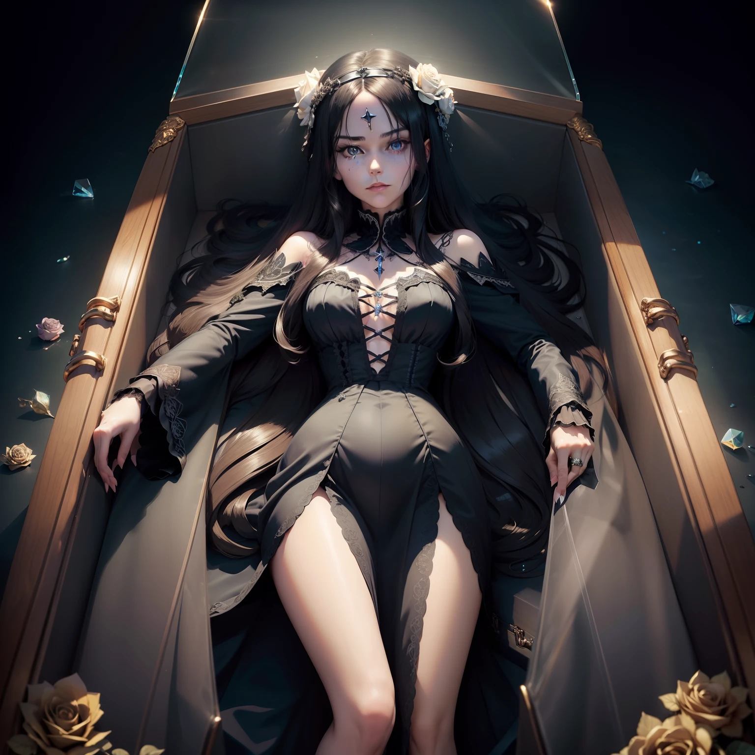 (((transparent coffin for corpse with closed lid))) , (long coffin), girl locked in the coffin, seabed in the background, ((crystal)), gold cross, golden details, roses inside the coffin, rose thorns, ocean in the background, moonlight, coffin submerged in the sea, closed coffin with glass walls, closed lid, (((sarcophagus))), 1girl, adult woman, black hair, long hair, blue eyes, black victorian dress, modest dress, closed dress, flowing elegant dress, inside a coffin made of glass, full body inside coffin, perfect detailed eyes, perfect detailed face, detailed eyes, perfect eyes, ((((masterpiece)))), (((glass lid)))