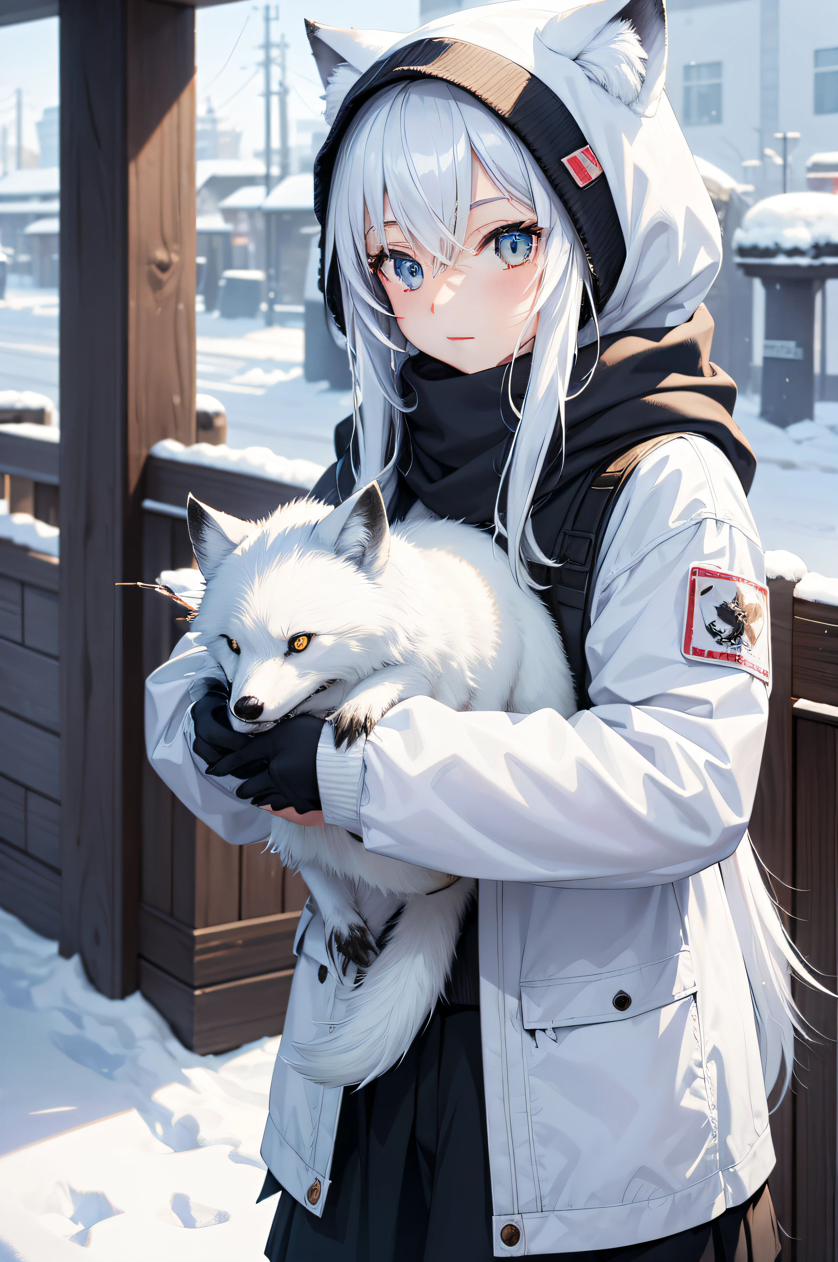 Style-NebMagic, portrait of Ismail Inceoglu, Gazelli, James jean, Anton Fadeev and Yoshitaka Amano, a fluffy cute Arctic fox wearing a Style-SylvaMagic scarf in the snow, very detailed, 8k resolution, digital art, trending on artstation, Vibrant Colours, Chibi style, masterpiece, adorable friendly lovely, anime girl, best quality, detailed background, cafeteria, bird, snow, winter,