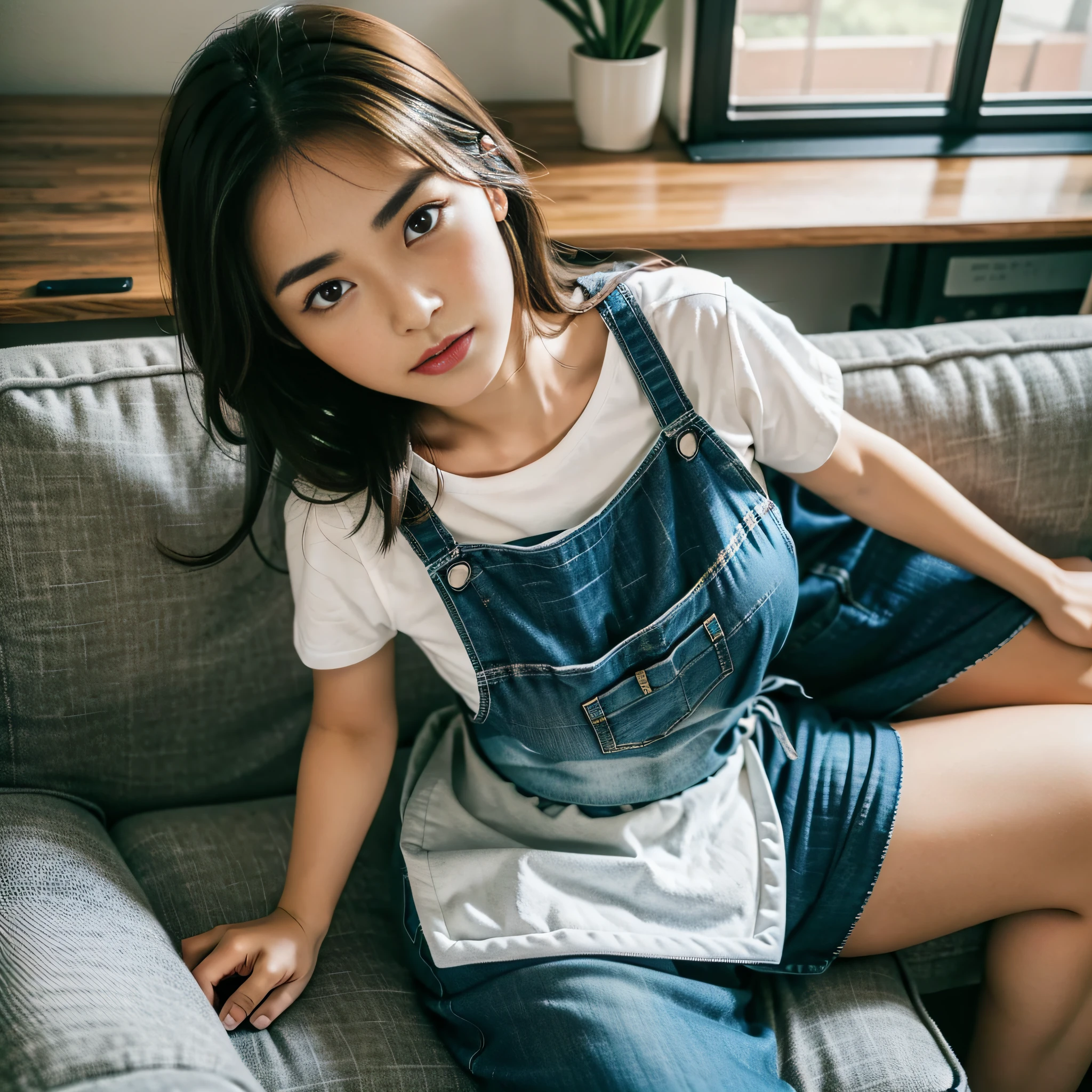 1 woman，，Housewear，aprons，in living room，desks，sitting in the couch，sface focus，looks into camera
