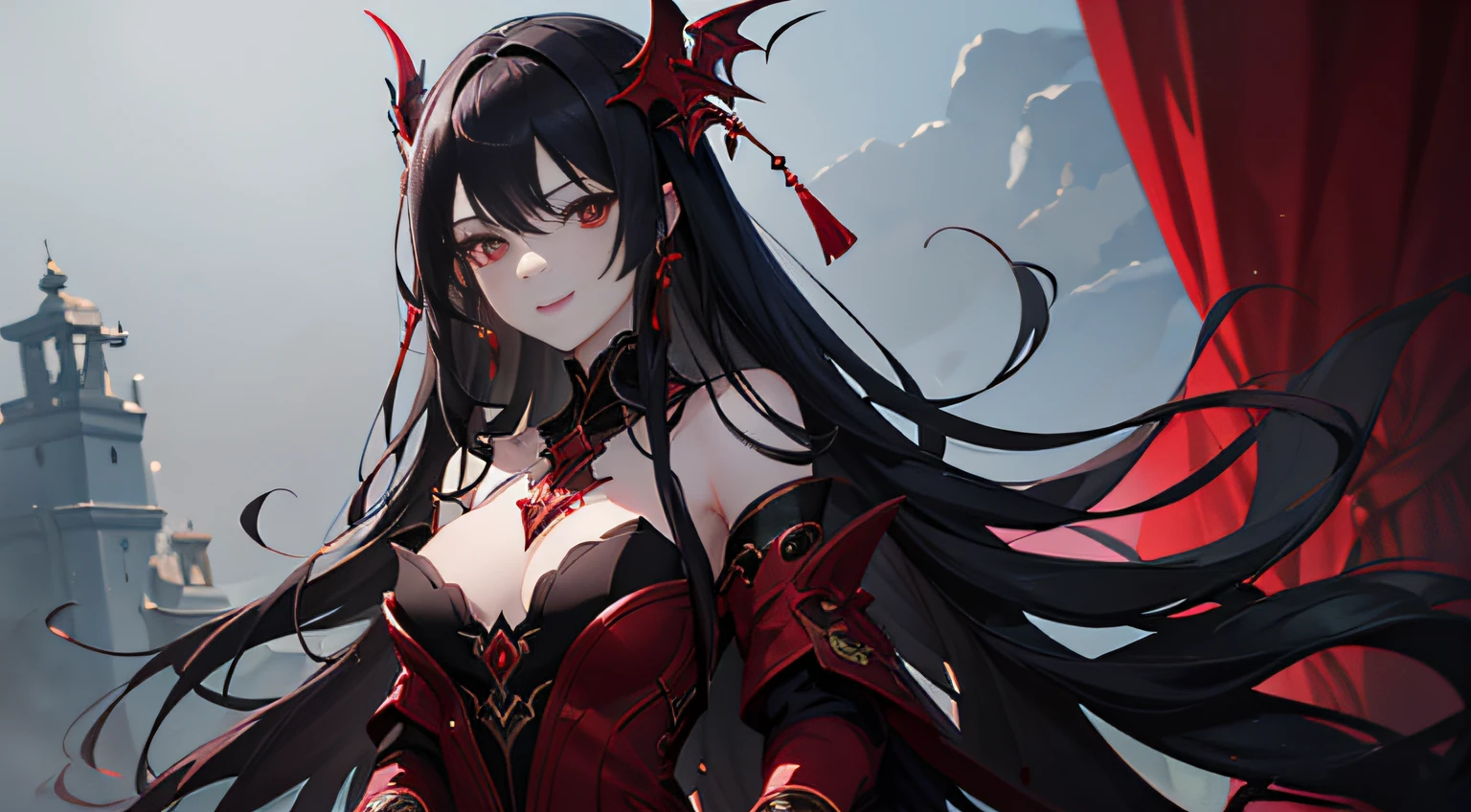 Beautiful and meticulously drawn portrayal of a charismatic woman of a vampire、Top quality and highly detailed CG Unity 8K wallpapers。Blood-red eyes、Long jet-black hair、Classy dresses、Elegant smile、Moonlight illuminates her、There is a mysterious atmosphere in the air。