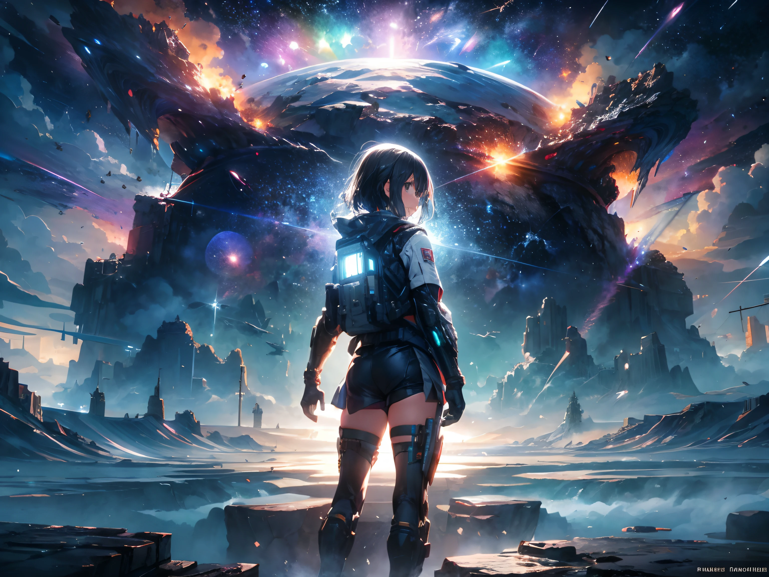 Draw a young female programmer, standing on a research platform floating in the middle of an asteroid belt, turn her back on viewers , from behind,surrounded by several spaceships glowing with fiery auras BREAK Dramatic lighting from distant stars and planets illuminates the scene, casting deep shadows on the suit, looking at the vast and mysterious universe with wonder and respect,BREAK,Detailed,Realistic,4k highly detailed digital art,octane render, bioluminescent, BREAK 8K resolution concept art, realism,by Mappa studios,masterpiece,best quality,official art,illustration,ligne claire,(cool_color),perfect composition,absurdres, fantasy,focused,rule of thirds
