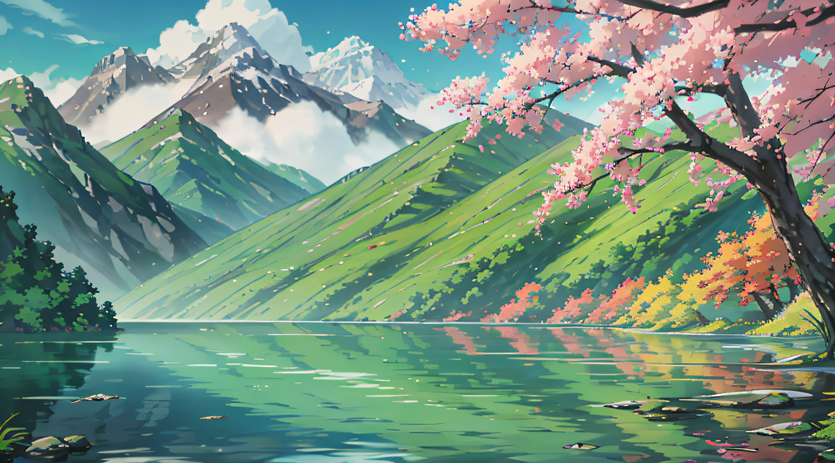 Chinese Antiquity、autumnal、jungles、lakes、waterfallr，The tree、grassy fields、Rochas、hot onsen、hydrosphere、In the distance, two old men are climbing a mountain，Back shadow，（illustratio：1.0）、Epic composition、Realistic lighting、high definition detail、tmasterpiece、Best quality，（非常详细的 CG 统一 8k 壁纸）