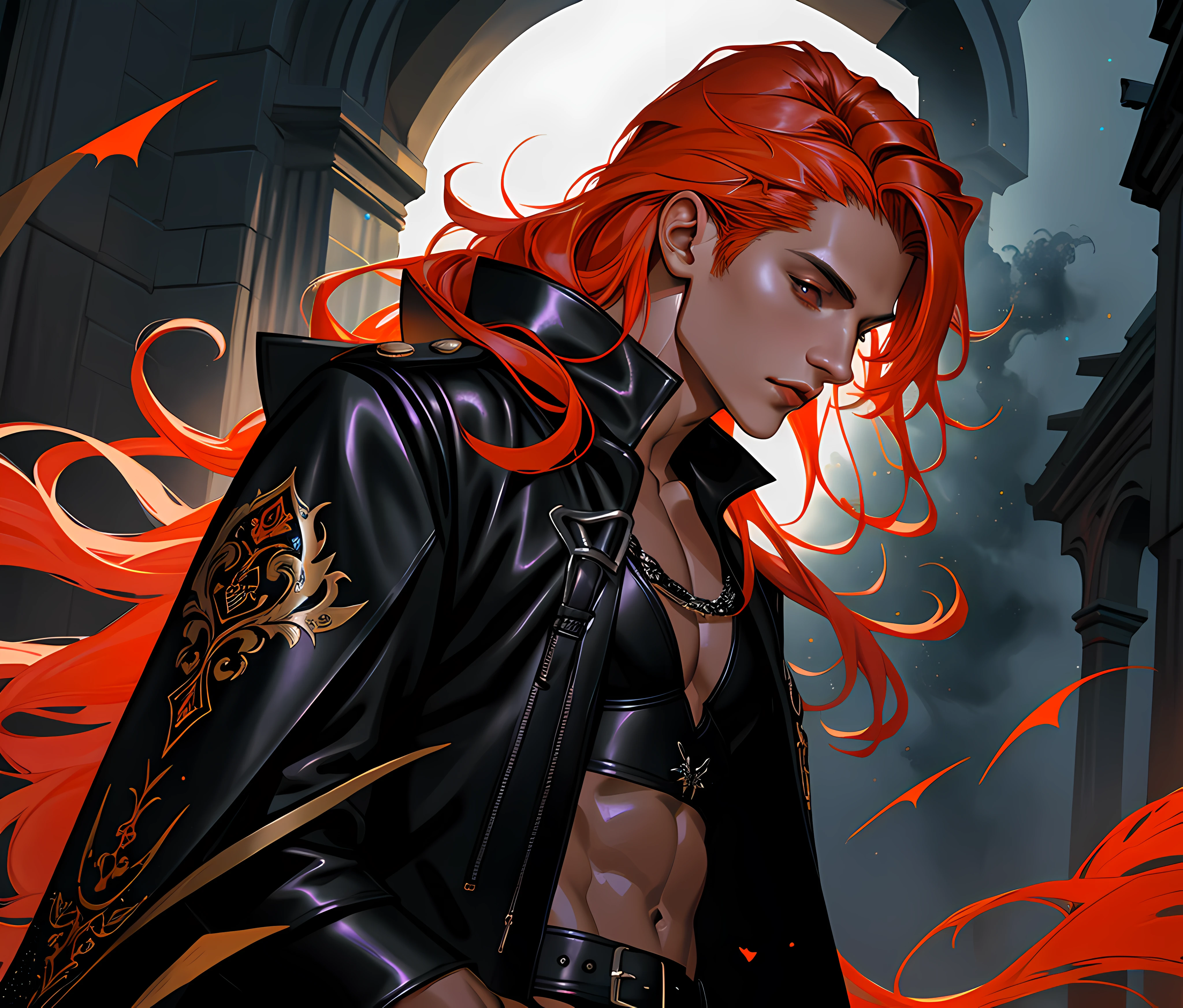 masterpiece, ultra detailed artistic photography of a beautiful male devil model, 1guy, perfectly drawn face, A black cloak fluttering in the wind, leather gloves, art by alberto seveso, ink flow, 8k resolution, photorealistic, ultra-high quality, very long orange hair, fashionable gothic uniform, halloween, fall photoshoot set detailed background, covered navel, 32k, long hair, full lips, curvy guy, perfect anatomy, cinematic lighting, intricately detailed, complex, elegant, volumetric lighting, glitter
