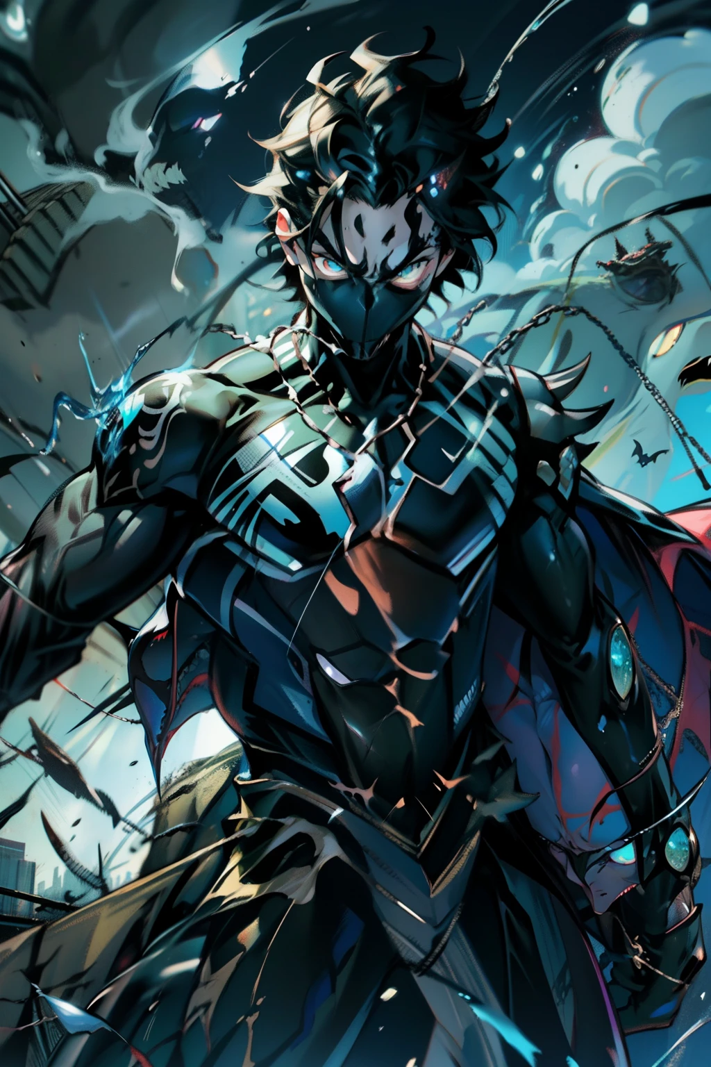 《the original god》Arataki Kazuto , male people, chest muscle, Sexy , Venom symbiote for your body, Black mucus of the body , into venom, venomize,Black bodysuit,(Cloak),Red cape,Abs,(Adult male)((Venom possession,venom symbiote)),over-Tortoise Man,Battle damage,((Masterpiece)), ((Best quality)), Ultra detailed,((illustration)), Dynamic Angle, Detailed light, (Delicate eyes), Floating, 1boy, Male focus, Head, Clothing, Yellow eyes, necklace, tattoo, (Forehead:0.8), (ahoge:0.8), jewelry, brunette color hair,apathy,Ray, chest muscle, Sexy , Venom symbiote for your body, Black mucus of the body , (into venom), Venom,frontage,Bust photo,White tight-fitting top,spiderman outfit,style of anime4 K, 4K anime wallpaper, Badass anime 8 K, 4 k comic wallpaper, young anime man, Anime boys, Anime wallpapers 4 k, Anime wallpaper 4K, High quality anime art style, Anime moe art style, Anime art wallpaper 8 K, Anime art wallpaper 4 K, RGB lighting,