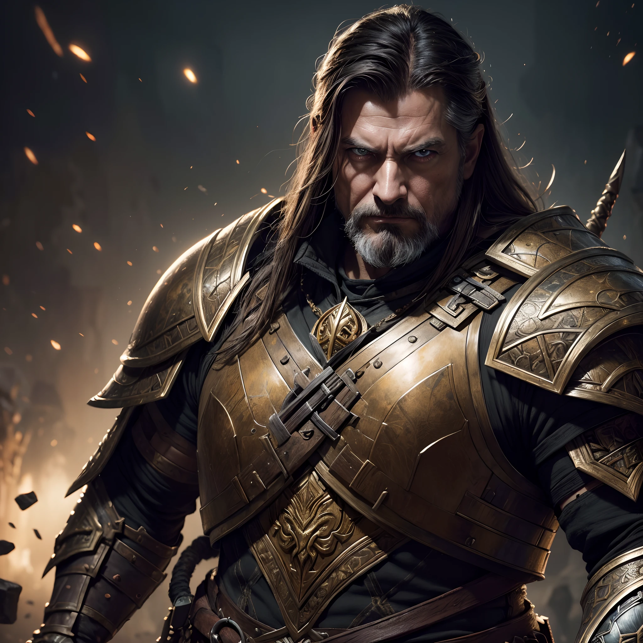 (Painting:1.3) of (Detailed illustration:1.3) A (full body:1.3) shot at 8k resolution, splash art, fantastic comic book style, photorealistic, intense look, anatomical photorealistic digital painting portrait of a (old male:1.3) human (warrior:1.3) in black and gold intricate (heavy armor:1.3) in a (dark and moody universe:1.3), light particle, very detailed skin,samurai, very detailed eyes, (elden ring style:1.3), (warhammer style:1.1), concept artist, global illumination, depth of field, splash art, art by artgerm and greg rutkowski and viktoria gavrilenko
