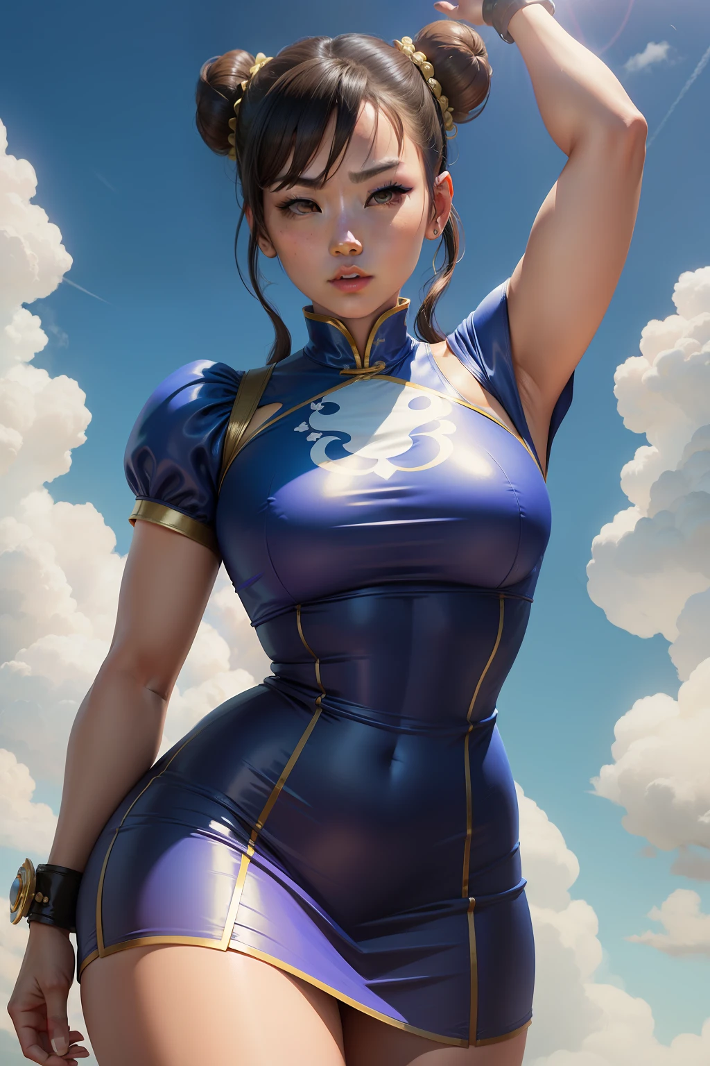 Chun- li,Bun head,Cool clothes,Dress up in style,with blue sky and white clouds,8K