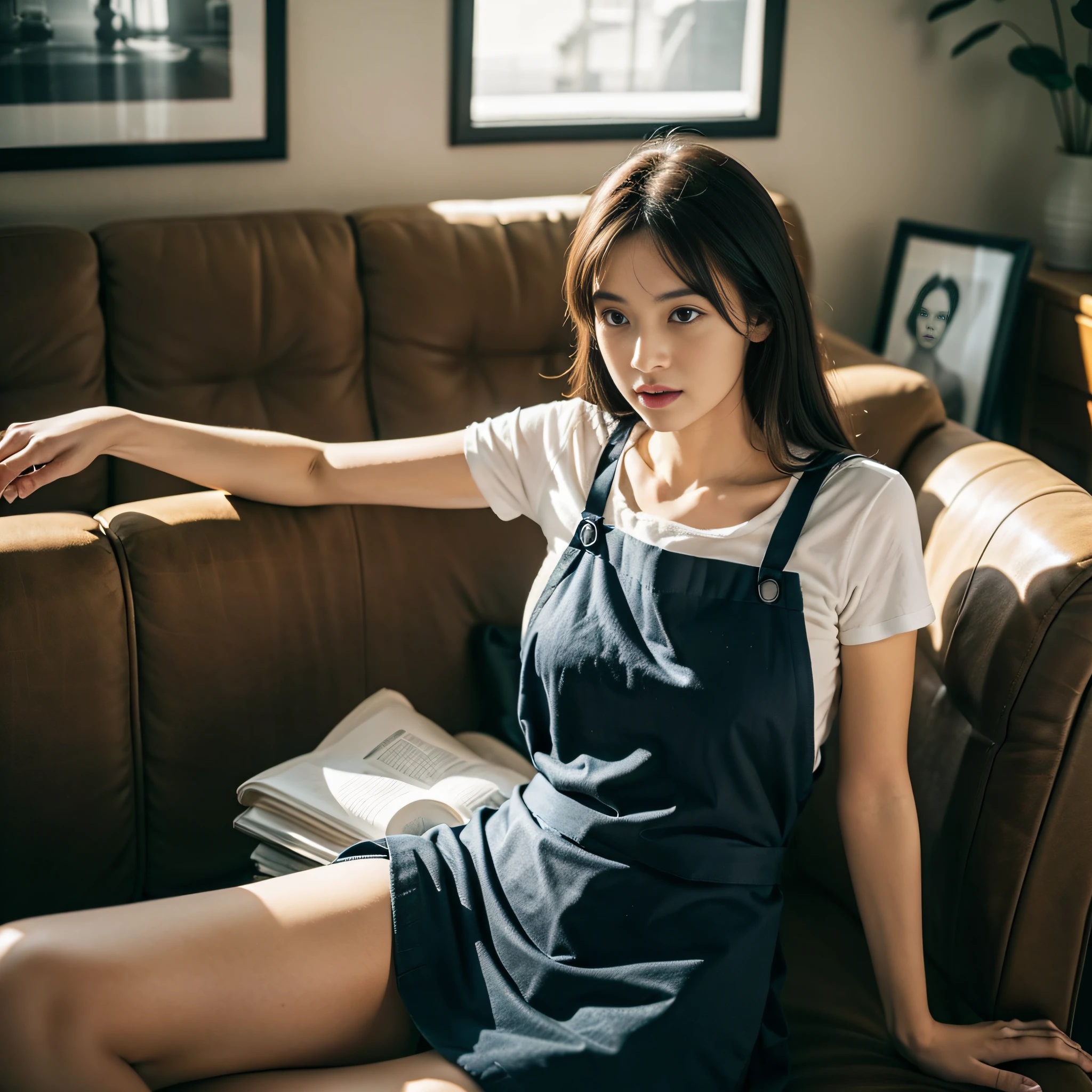 1 woman,Housewear,aprons,in living room,desks,sitting in the couch,sface focus,looks into camera