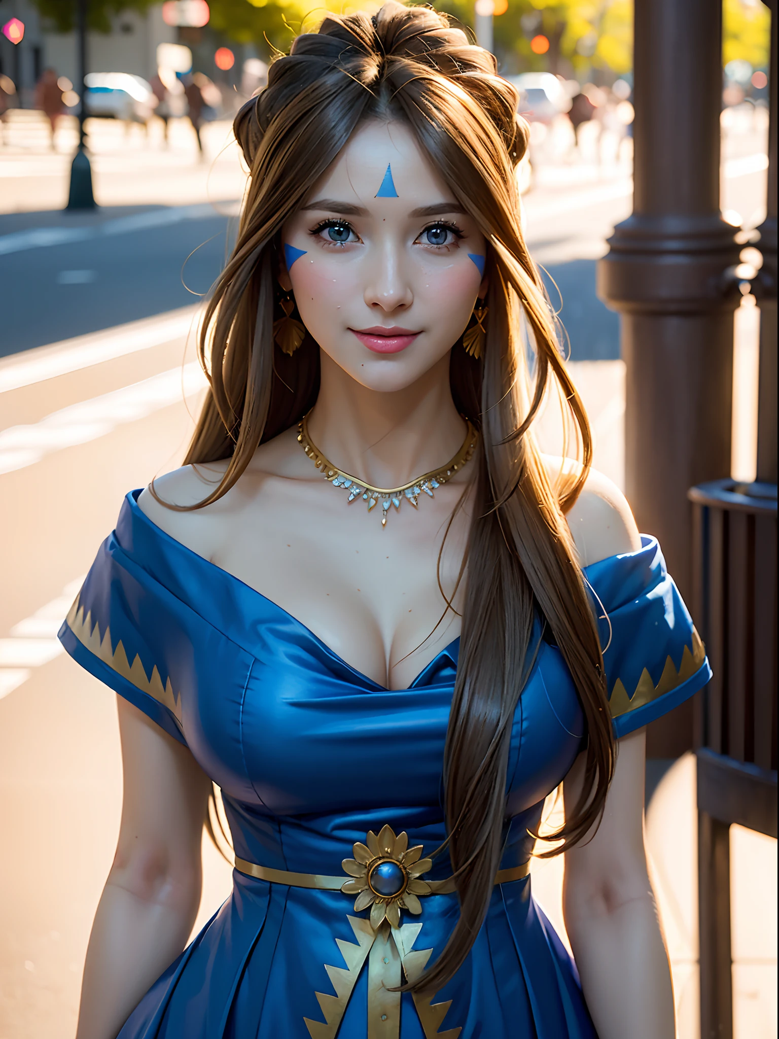 (masterpiece, best quality:1.4), (standing:1.2), (full body:1.2), (large breast), (breast focus), 1girl, solo, (european youth:1), Belldandy, Belldandy_Blue_Dress, necklace, (goddess face symbols:0.5), looking at viewer, beautifull smile, beautiful face, highly detailed face, highly detailed eyes, highly detailed skin, skin pores, subsurface scattering, realistic pupils, full face blush, full lips, detailed background, depth of field, volumetric lighting, sharp focus, absurdres, realistic proportions, good anatomy, (realistic, hyperrealistic:1.4), 16k hdr,