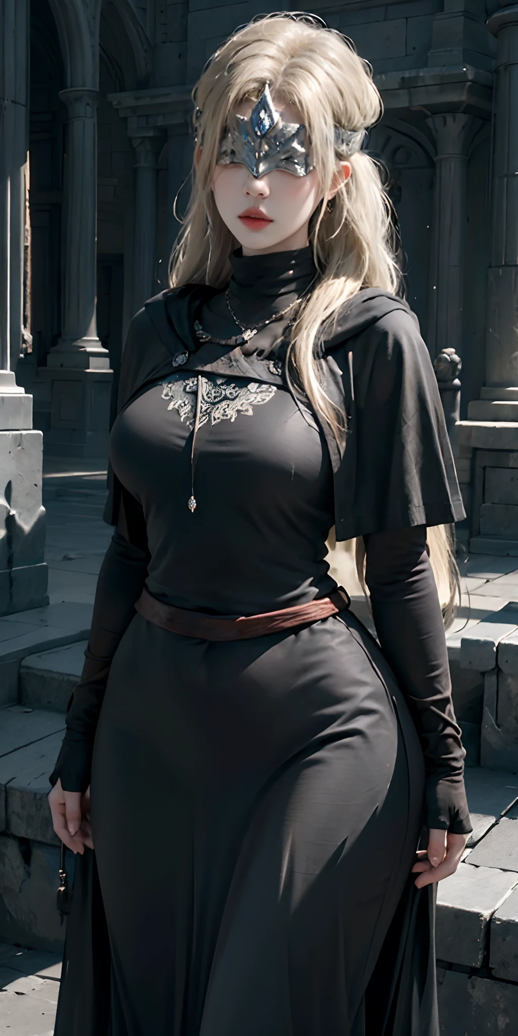 photorealistic, high resolution, soft light,1women, solo, hips up, look at viewer, (detailed face), long hair, blonde hair, covered eyes, eyes mask, blindfirekeeper, medium breasts, curvy, black dress, black capelet, bandaged arm, tattoo, jewelry