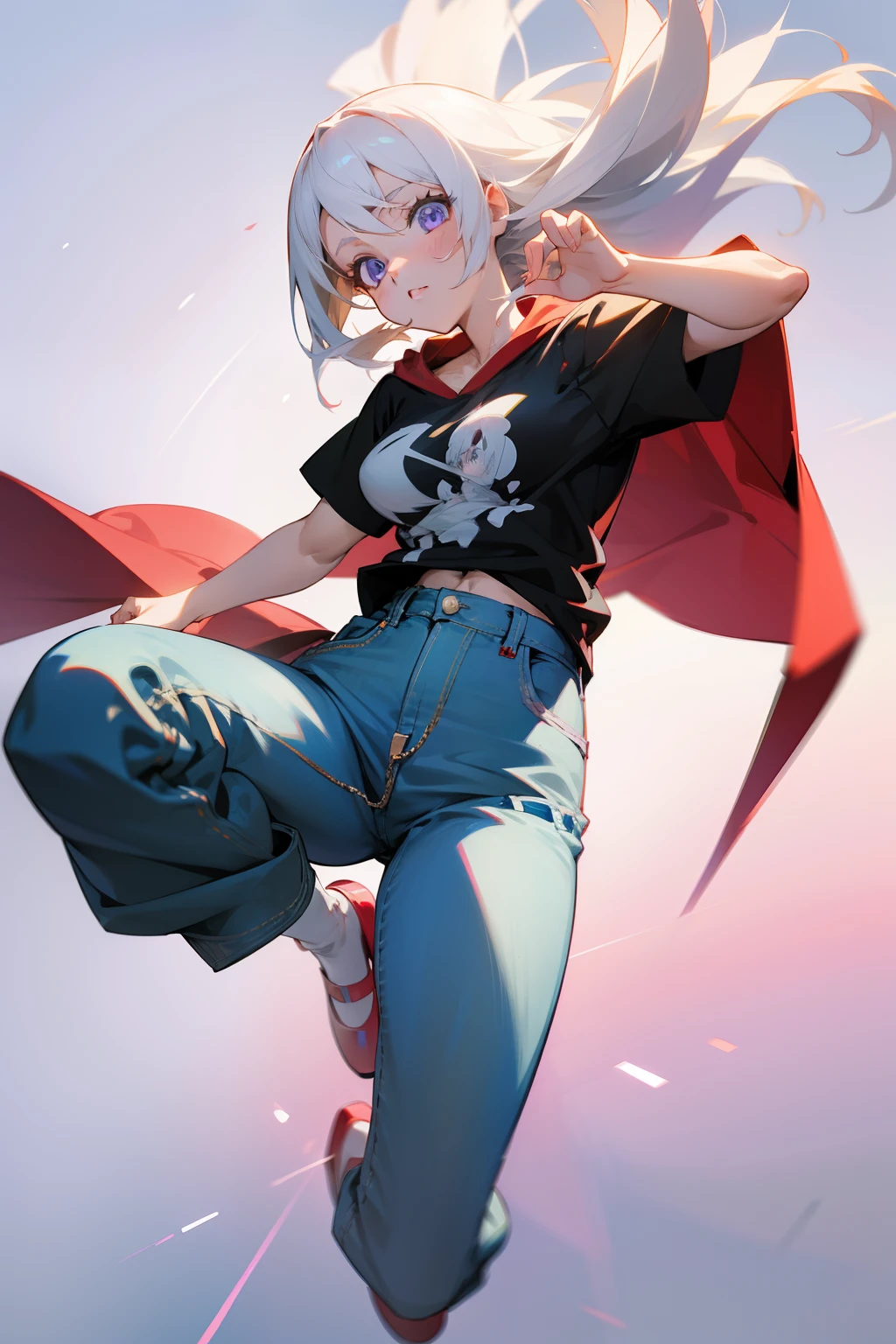 Anime girl in jeans and t-shirt kicks skateboard, anime pose, female action anime girl, anime styled8K, perfect dynamic pose, white hair floating in air, jumping pose, Style Anime, the anime girl is running, Anime Character, 3d anime girl, anime character art, Girl with white hair, fullllbody!! Dynamic Action Pose, Anime Girl、1girl in, (Eyes are purple)、radiant eyes、 (Large ribbon)、Red Pumps、robe blanche、The background is a classic western castle