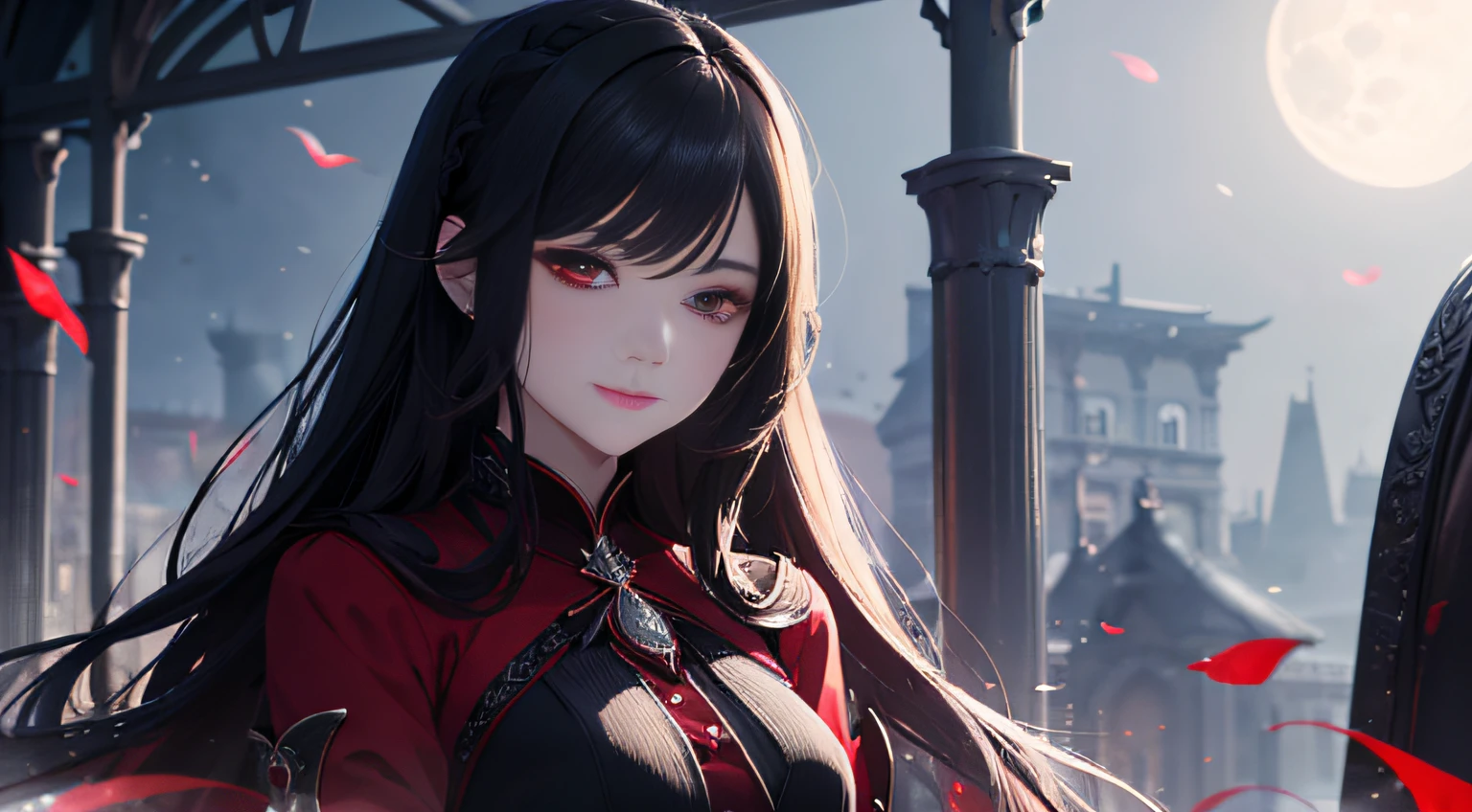 Beautiful and meticulously drawn depiction of a charismatic woman of a vampire、Top quality and highly detailed CG Unity 8K wallpapers。Blood-red eyes、Long jet-black hair、Classy dresses、Elegant smile、Moonlight illuminates her、There is a mysterious atmosphere in the air。
