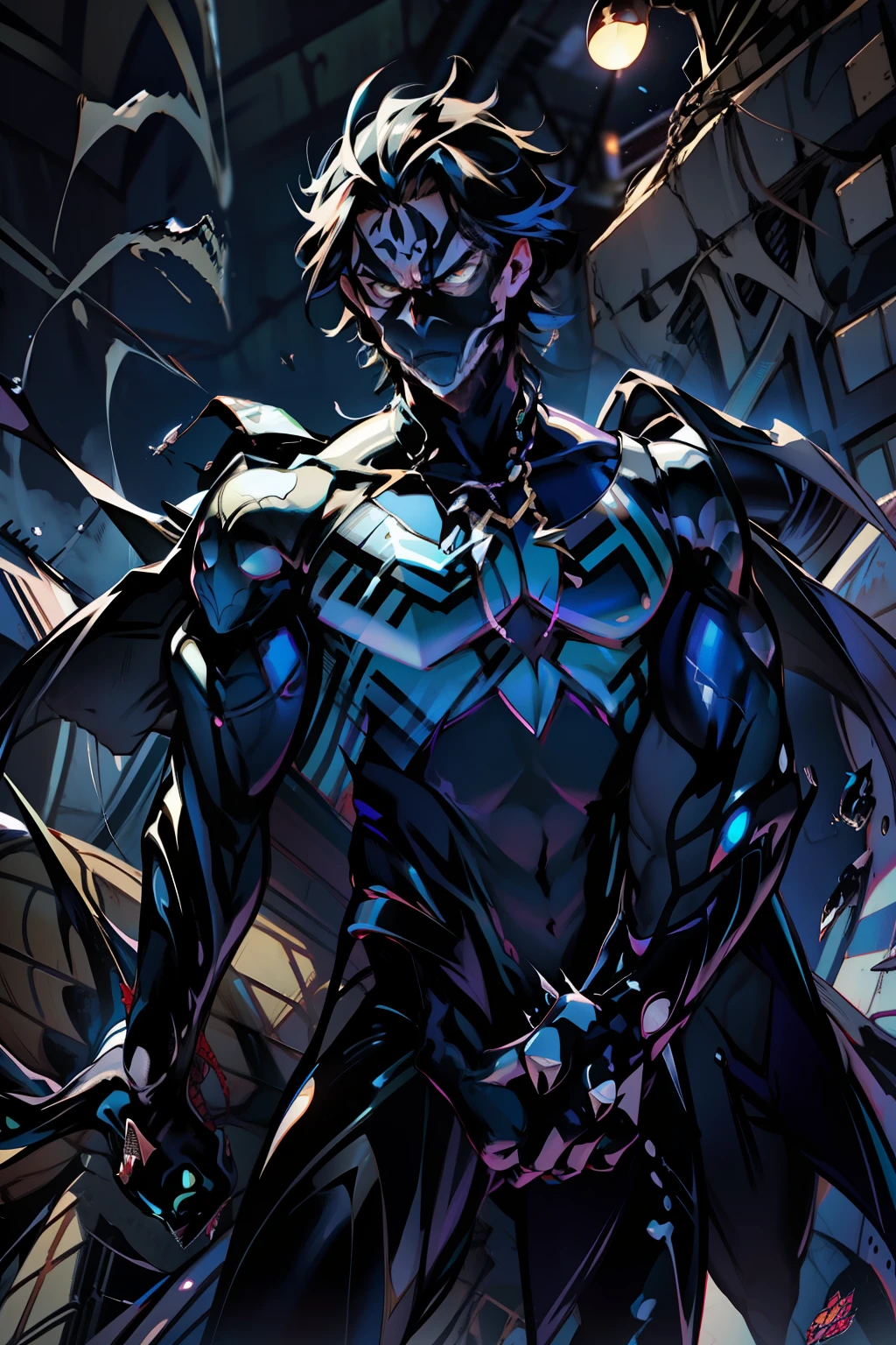 《the original god》Arataki Kazuto , male people, chest muscle, Sexy , Venom symbiote for your body, Black mucus of the body , into venom, venomize,Black bodysuit,(Cloak),Red cape,Abs,(Adult male)((Venom possession,venom symbiote)),over-Tortoise Man,Battle damage,((Masterpiece)), ((Best quality)), Ultra detailed,((illustration)), Dynamic Angle, Detailed light, (Delicate eyes), Floating, 1boy, Male focus, Head, Clothing, Yellow eyes, necklace, tattoo, (Forehead:0.8), (ahoge:0.8), jewelry, brunette color hair,apathy,Ray, chest muscle, Sexy , Venom symbiote for your body, Black mucus of the body , (into venom), Venom,frontage,Bust photo,White tight-fitting top,spiderman outfit,style of anime4 K, 4K anime wallpaper, Badass anime 8 K, 4 k comic wallpaper, young anime man, Anime boys, Anime wallpapers 4 k, Anime wallpaper 4K, High quality anime art style, Anime moe art style, Anime art wallpaper 8 K, Anime art wallpaper 4 K, RGB lighting,