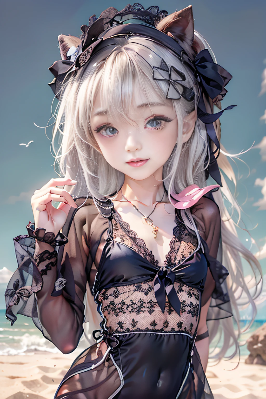 Girl in a goth loli swimsuit with summer pus、Playing with a sand nose、Black and white lace swimsuit,Lowleg swimwear、Hamachaya,Frolic happily,small tits、Thin leg,flipflops