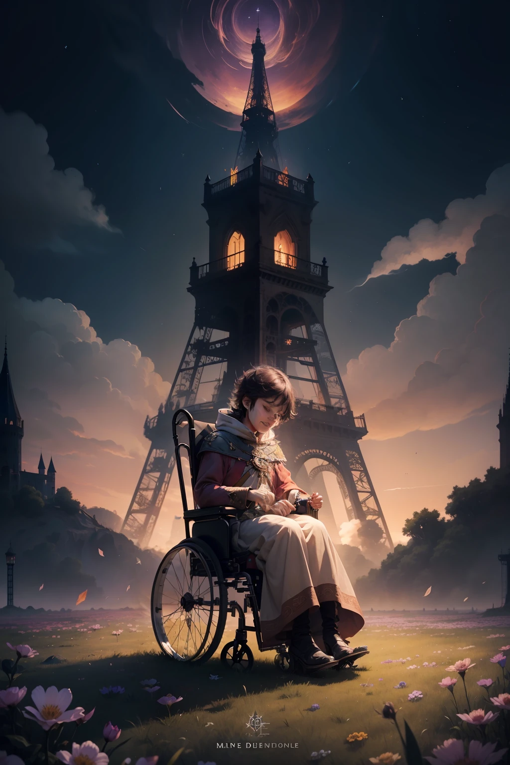 The fallen prince,Born with a disability,Look at the residual flowers,Sit and laugh maniacally,Under the miserable tower,The sky is shattered with huge star rings and filled with mechanical wind