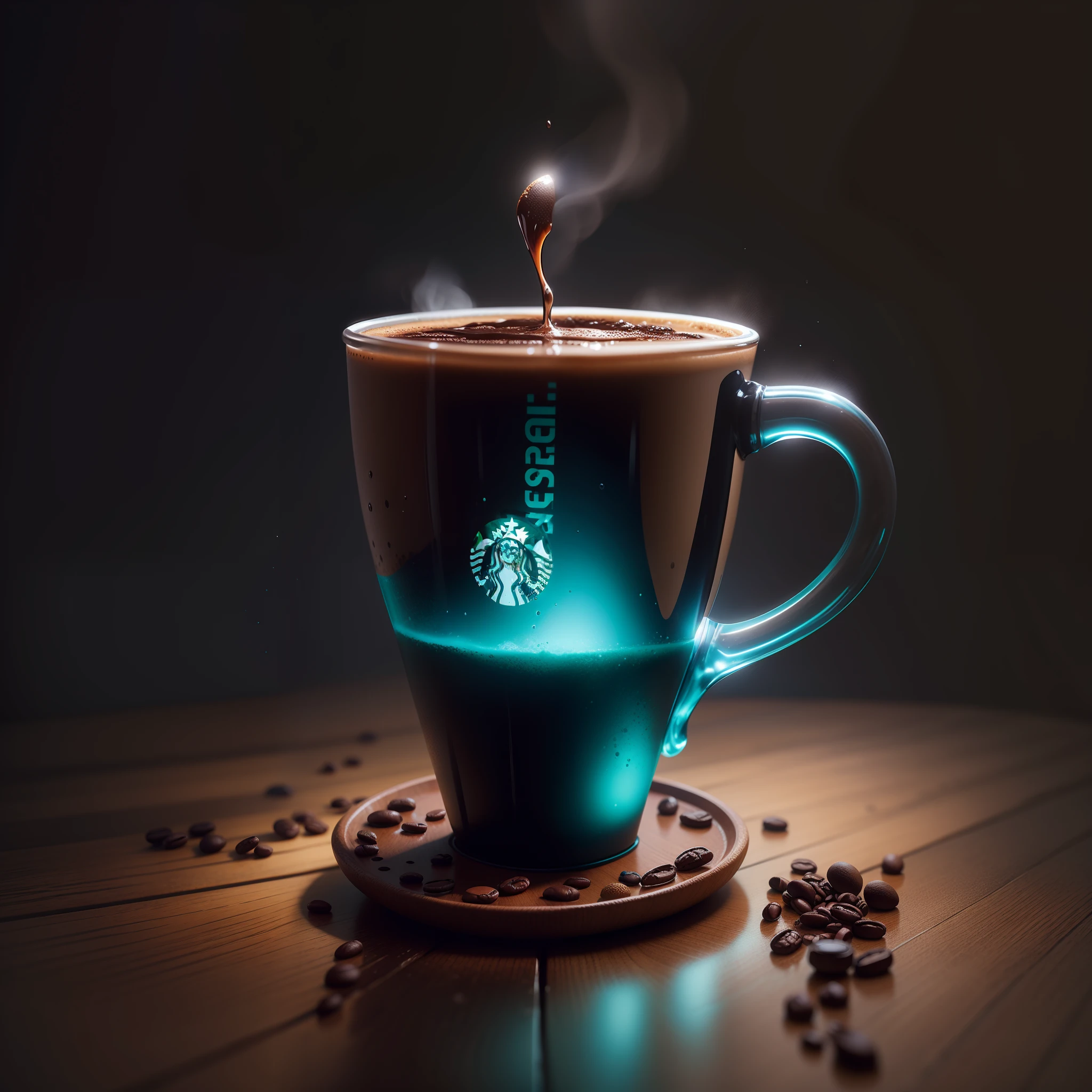 Starbucks-style robotic coffee cup with coffee bouncing off the cup, The coffee is blue, The background is dark but with lights shining on the glass