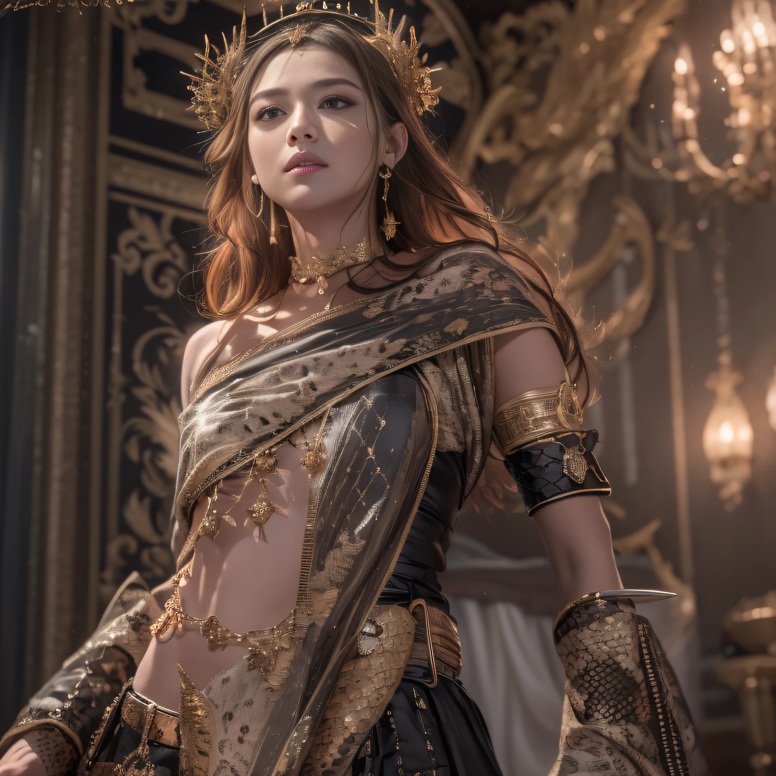 16k（tmasterpiece，k hd，hyper HD，16k）short detailed hair，Jewelry area in the back room，Flame Girl ，Dragon Slayer Knife（realisticlying：1.4），Python pattern robe，Purple-pink tiara，Snowflakes fluttering，The background is pure，Hold your head high，Be proud，The nostrils look at people， A high resolution， the detail， RAW photogr， Sharp Re， Nikon D850 Film Stock Photo by Jefferies Lee 4 Kodak Portra 400 Camera F1.6 shots, Rich colors, ultra-realistic vivid textures, Dramatic lighting, Unreal Engine Art Station Trend, cinestir 800，Hold your head high，Be proud，The nostrils look at people