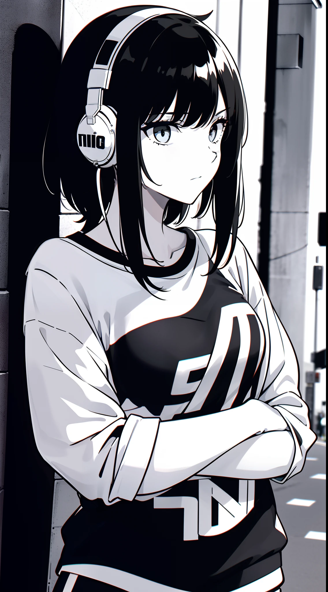 girl, side portrait, black and white, messy short hair, edgy accessories,sporty style, casual t-shirt, confident gaze, monochrome color scheme, looking to the side, chic street fashion, casual hands in pockets pose,head,((a person)),Over-ear headphones, large ear cups,Luxurious long hair