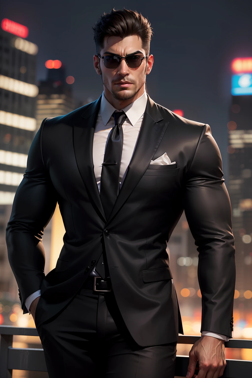 (absurdres, highres, ultra detailed, realistic, ), 1 male, solo, adult, mature, tall muscular guy, broad shoulders, handsome, very short hair, black hair, brown eyes, sunglasses , angular jaw, thick neck, thick eyebrows, night, dark, the night view of the city background, formal suit, necktie, upper body