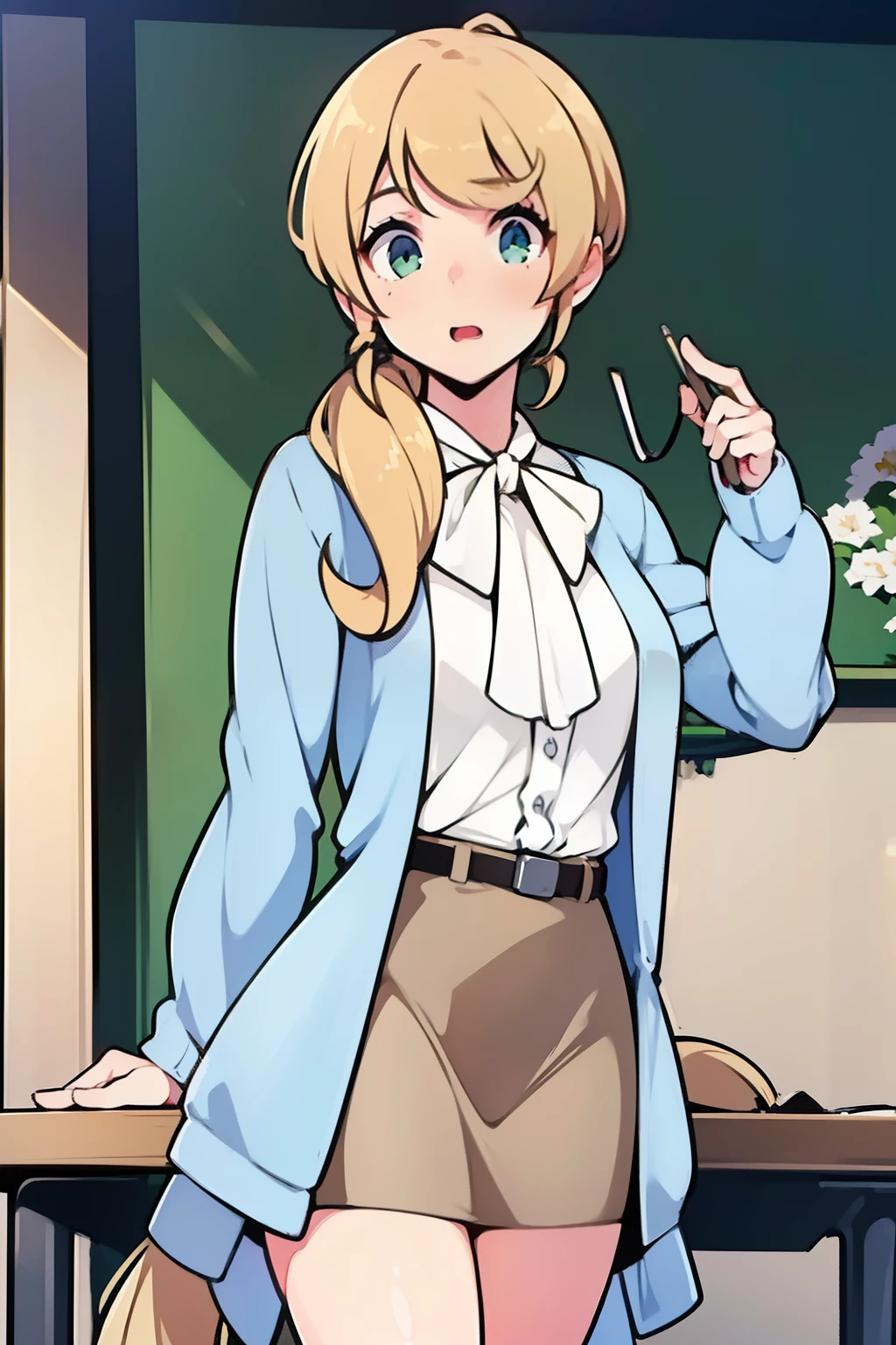 (Best Quality,4K, masterpiece: 1.3),ellenbaker,a girl(teacher),22-years-old,Green eye,Delicate eyes, hair(blonde,long,((loose side tail)),(white blouse),(light blue cardigan),brown tight skirt