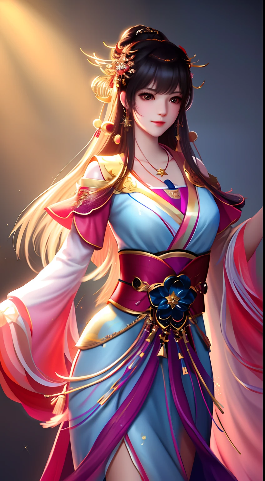best quality, masterpiece, highres, 1girl,blush,(seductive smile:0.8),star-shaped pupils,china hanfu,hair ornament,necklace, jewelry,Beautiful face,upon_body, tyndall effect,photorealistic, dark studio, rim lighting, two tone lighting,(high detailed skin:1.2), 8k uhd, dslr, soft lighting, high quality, volumetric lighting, candid, Photograph, high resolution, 4k, 8k, Bokeh