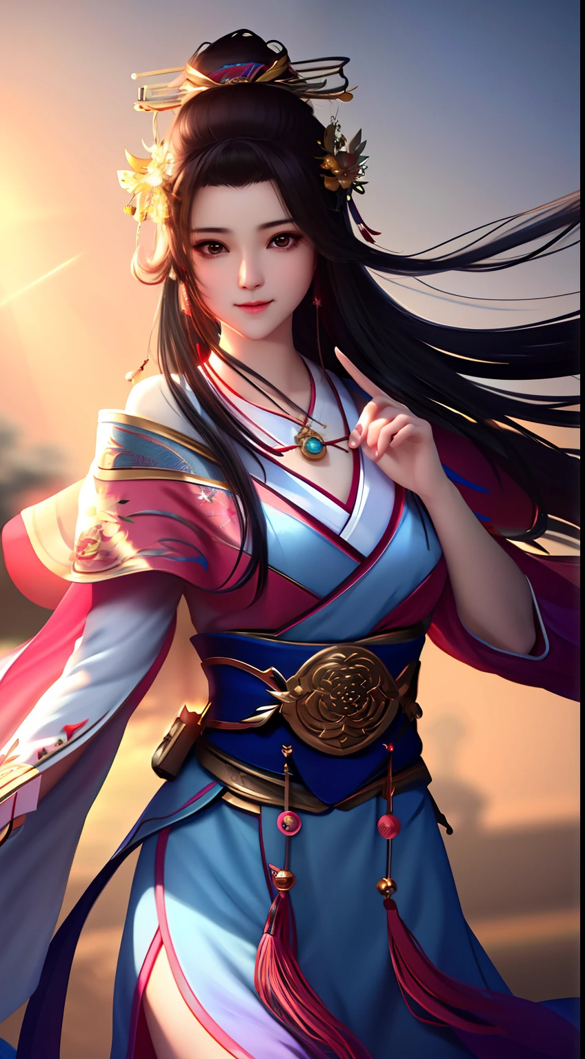 best quality, masterpiece, highres, 1girl,blush,(seductive smile:0.8),star-shaped pupils,china hanfu,hair ornament,necklace, jewelry,Beautiful face,upon_body, tyndall effect,photorealistic, dark studio, rim lighting, two tone lighting,(high detailed skin:1.2), 8k uhd, dslr, soft lighting, high quality, volumetric lighting, candid, Photograph, high resolution, 4k, 8k, Bokeh